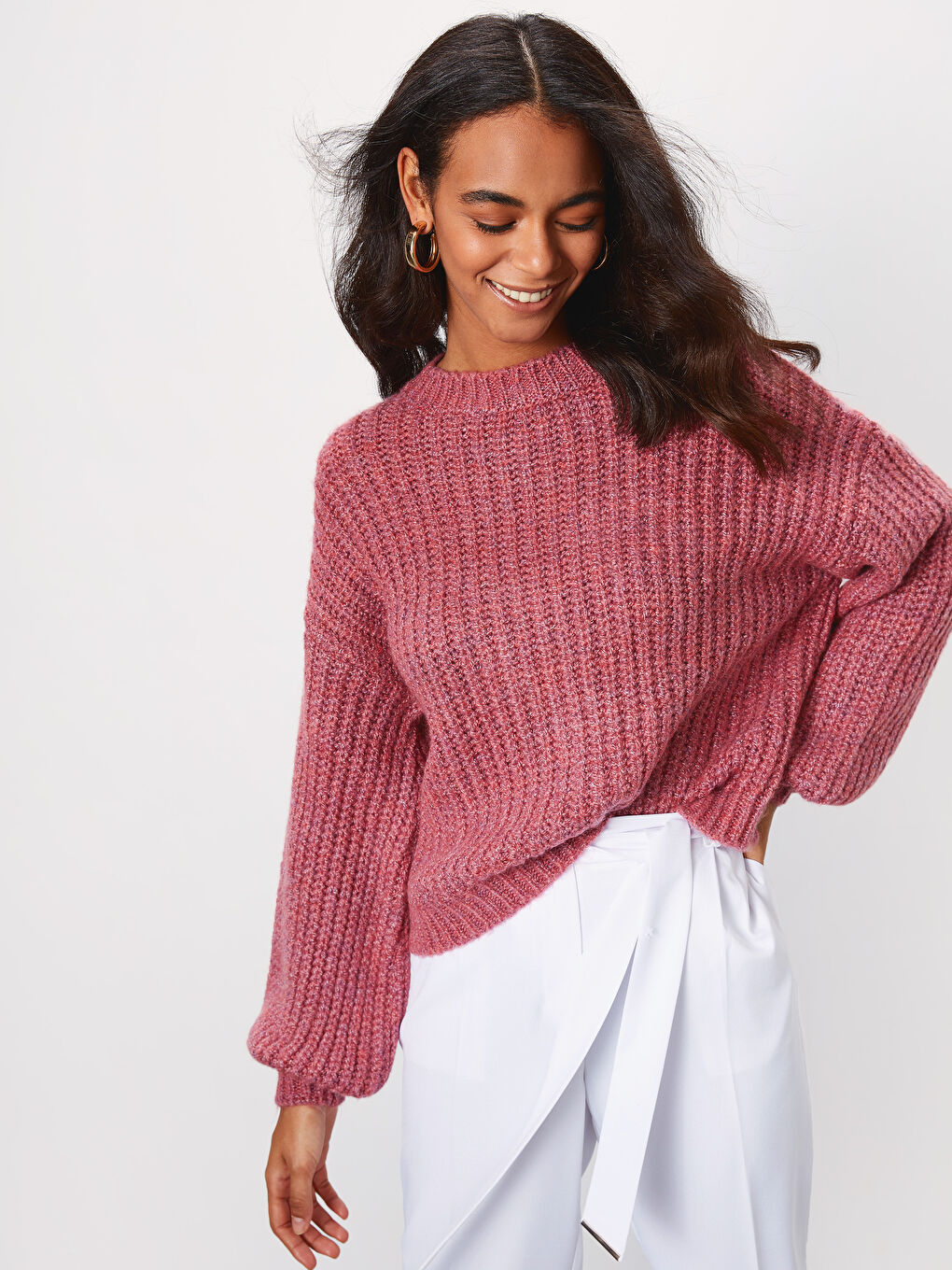 Pembe Bisiklet Yaka Uzun Kollu Kadın Kazak-2