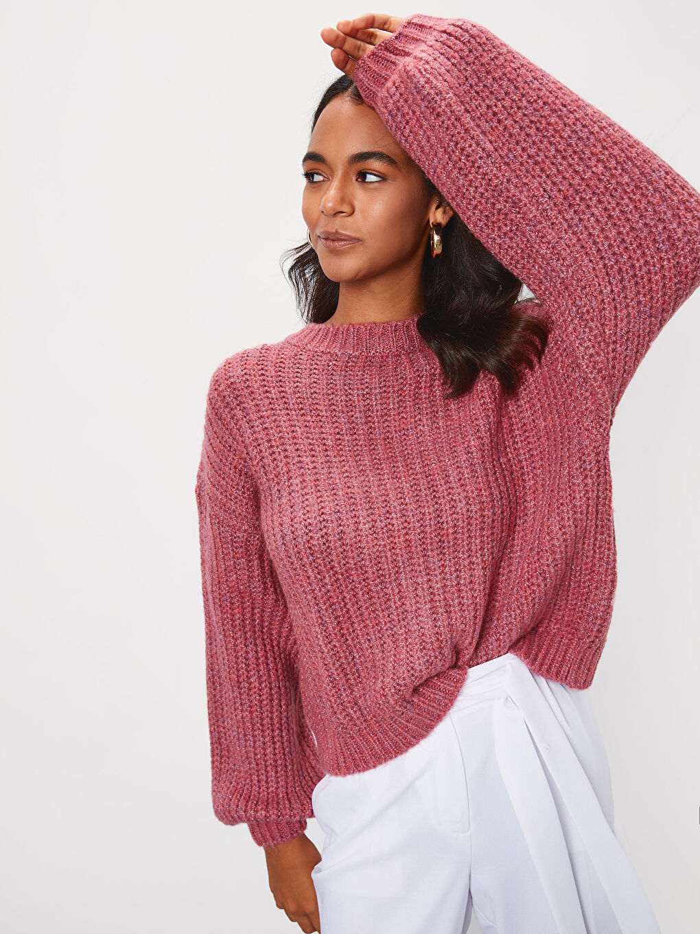 Pembe Bisiklet Yaka Uzun Kollu Kadın Kazak-3