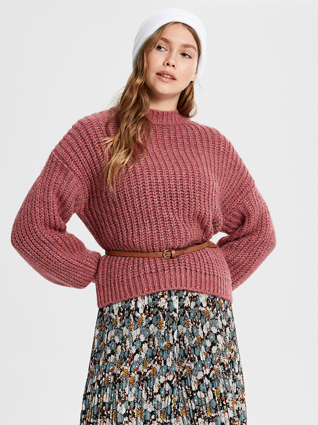 Pembe Bisiklet Yaka Uzun Kollu Kadın Kazak