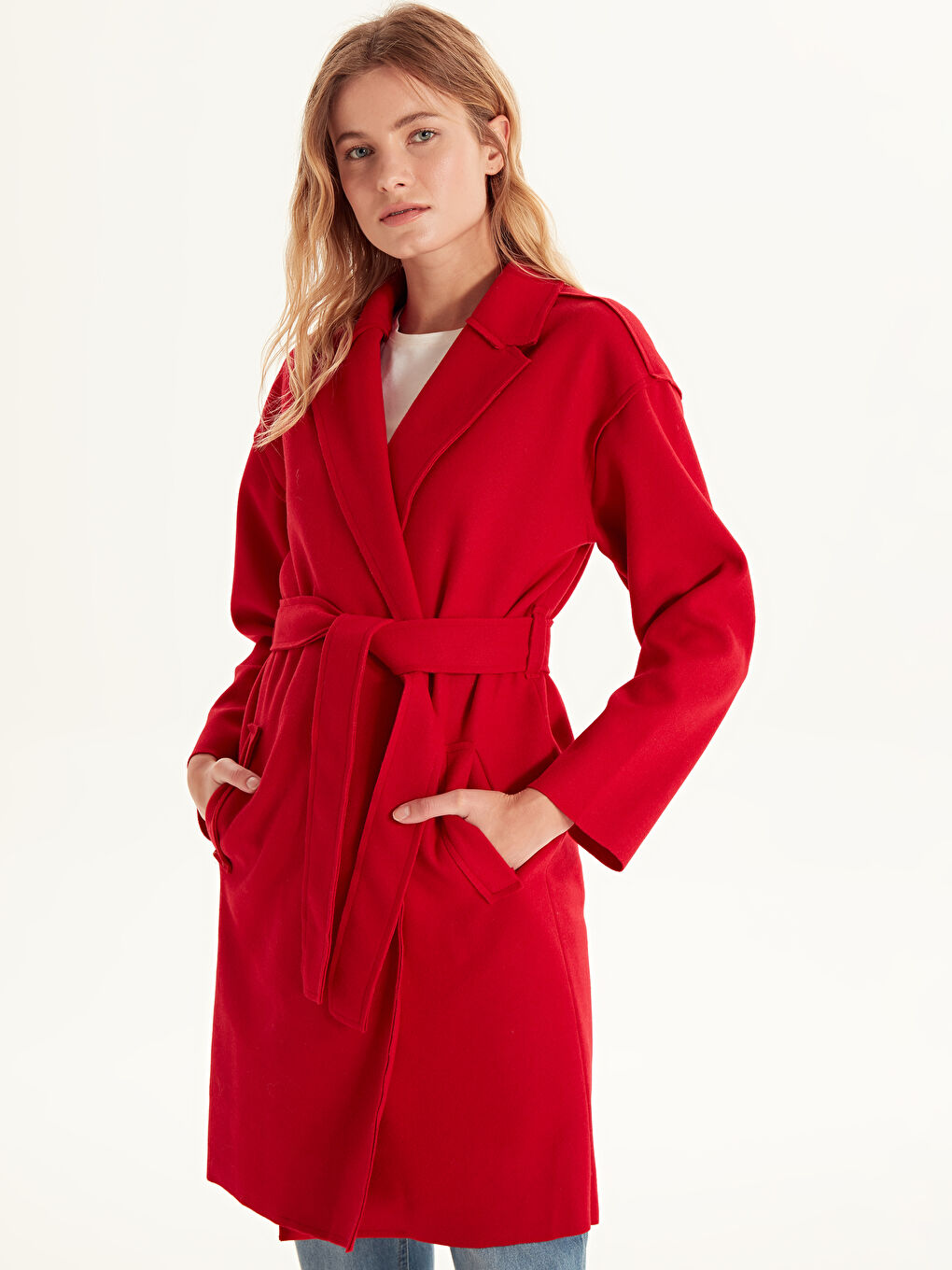 معطف من الصوف المخلوط أحمر نساء-2