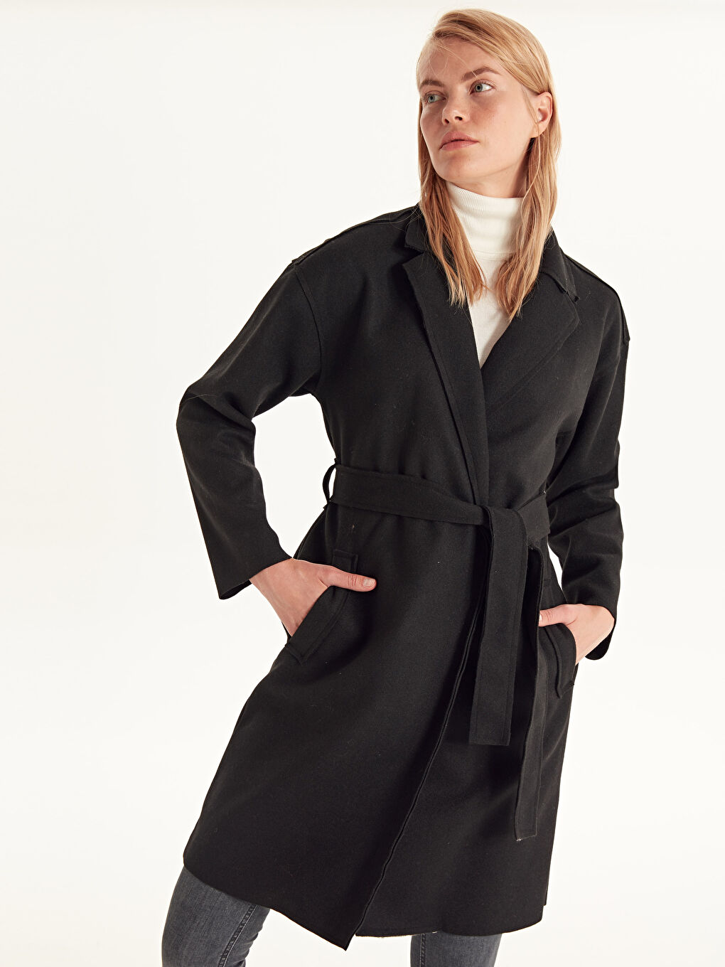 Γυναίκα ΜΑΥΡΟ Παλτό από μαλλί-2