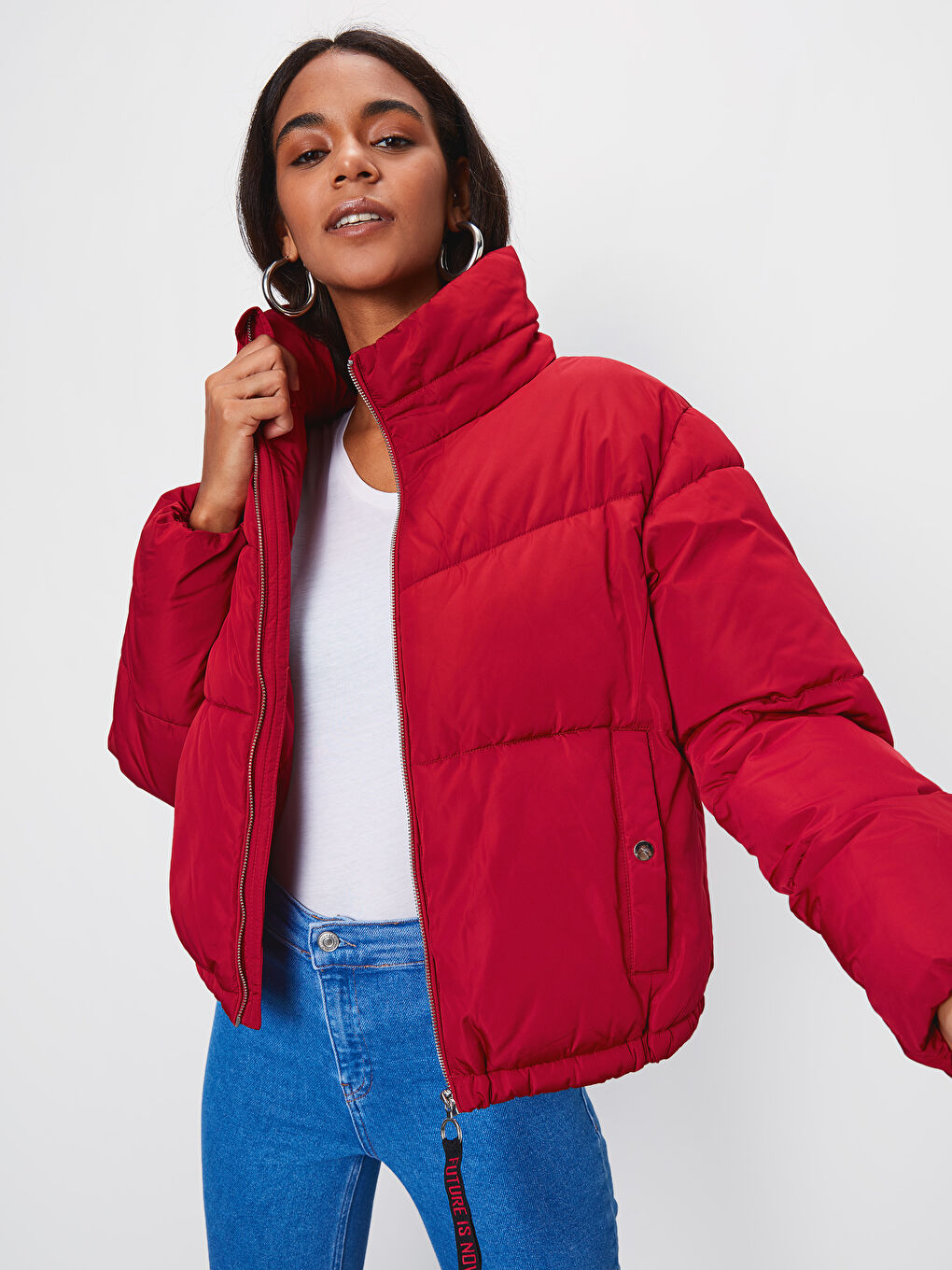 Kırmızı Uzun Kollu Kadın Şişme Mont