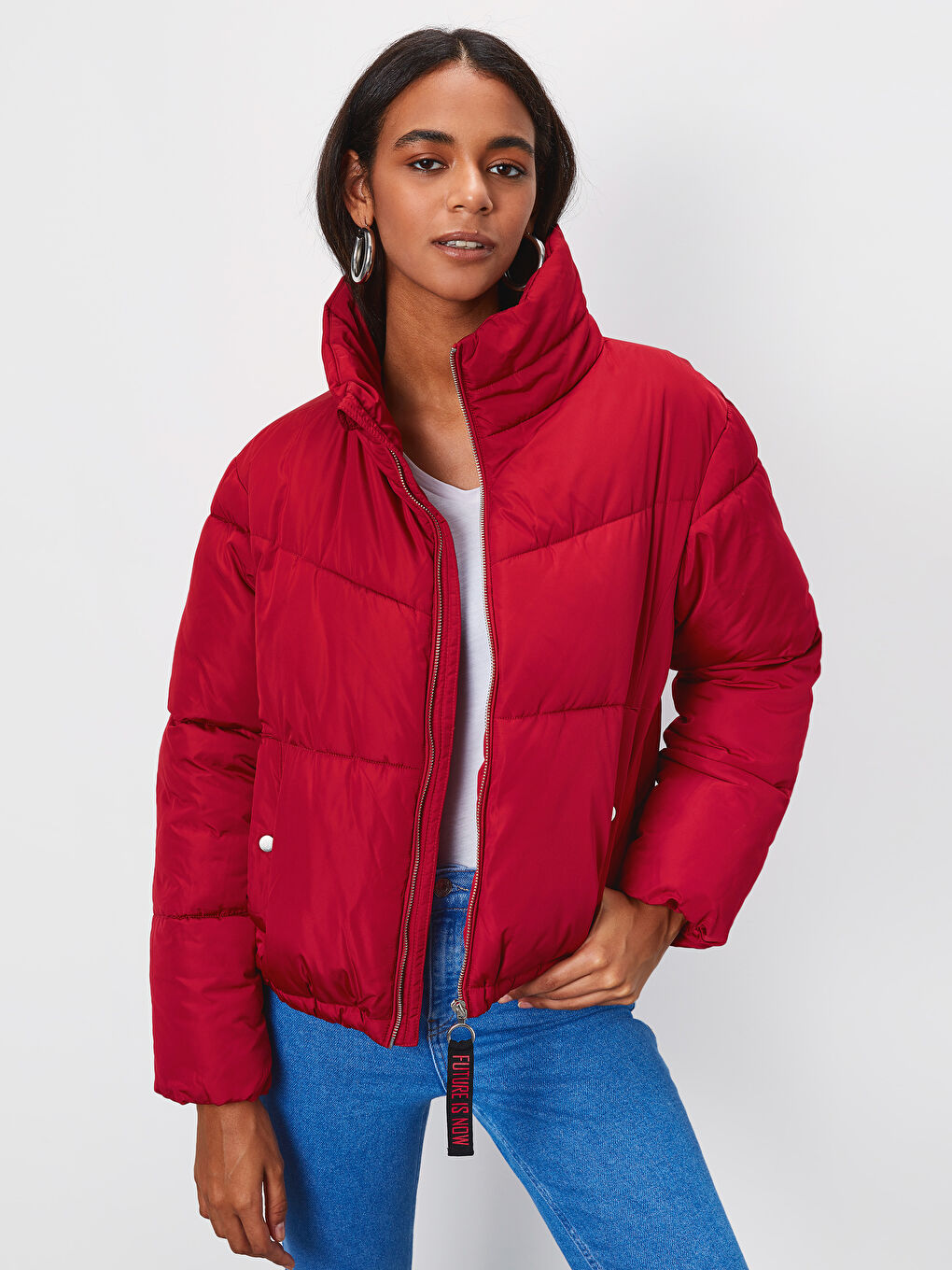 Kırmızı Uzun Kollu Kadın Şişme Mont-1