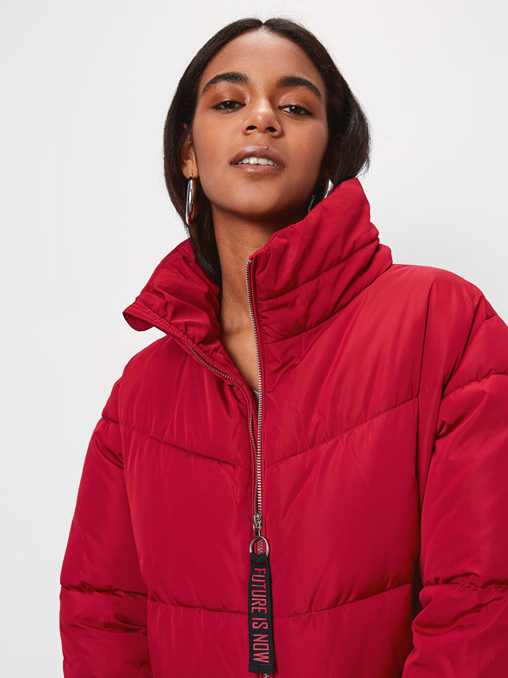 Kırmızı Uzun Kollu Kadın Şişme Mont-2