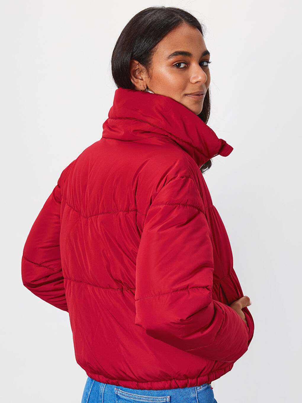 Kırmızı Uzun Kollu Kadın Şişme Mont-3