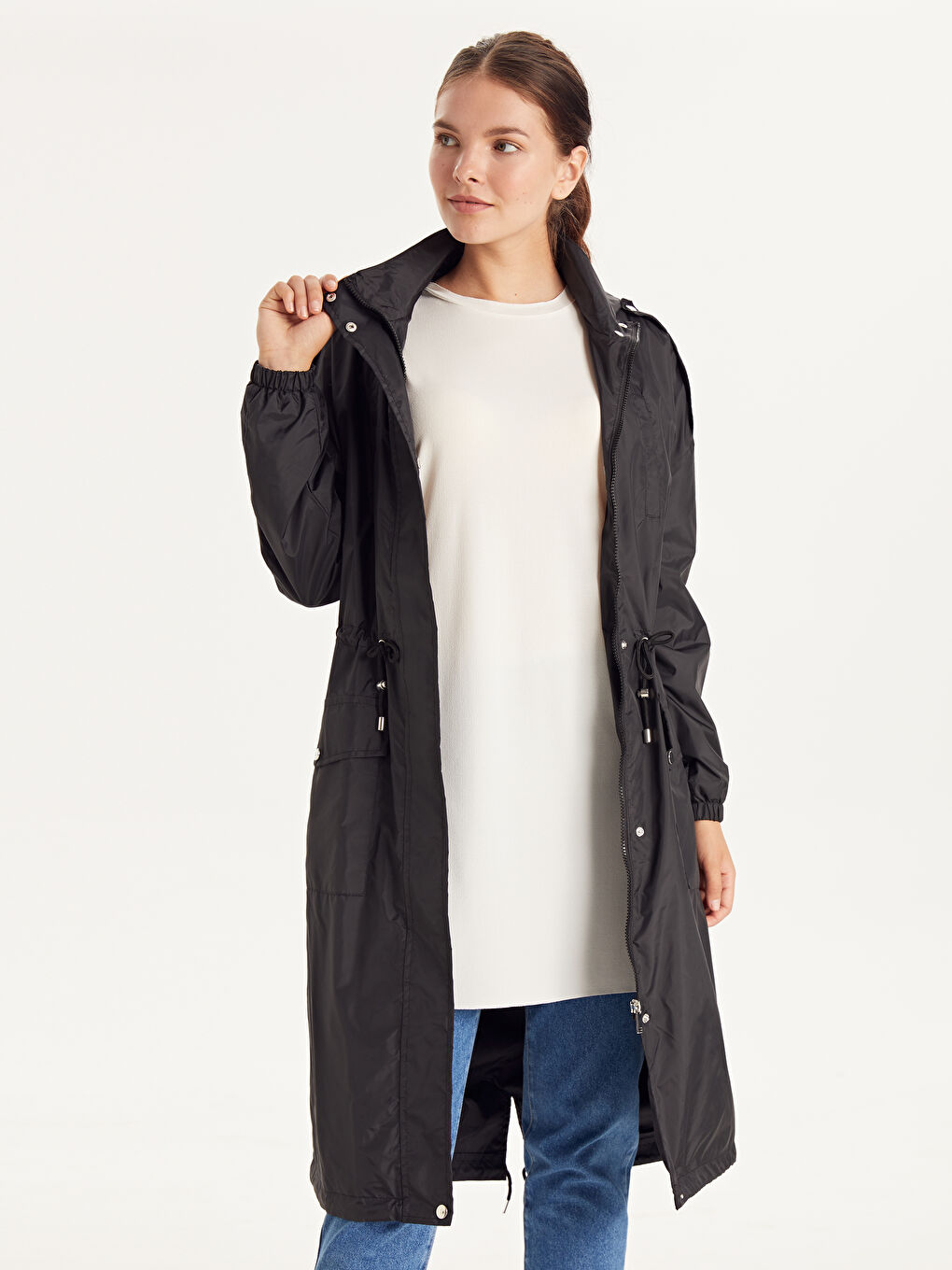 Ženski kišni mantil sa kapuljačom i dugim rukavima-1