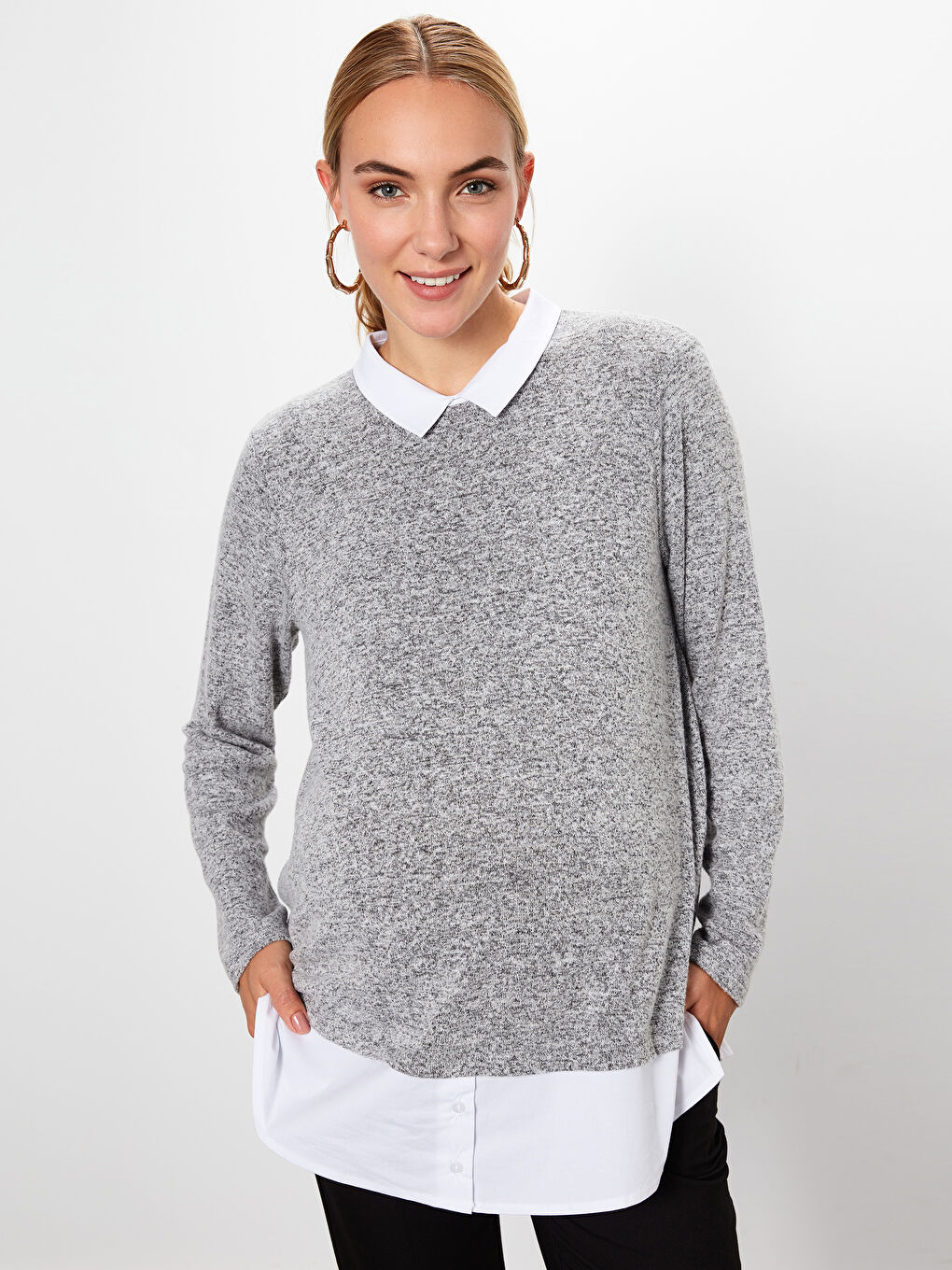 Gri Gömlek Yaka Uzun Kollu Hamile Tişört-1