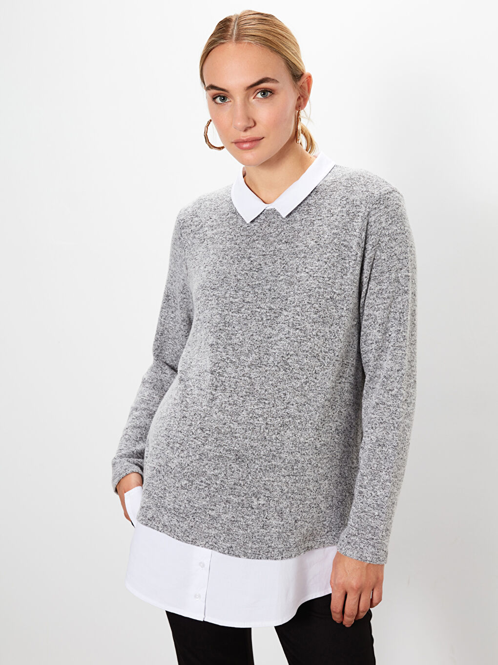 Gri Gömlek Yaka Uzun Kollu Hamile Tişört-2