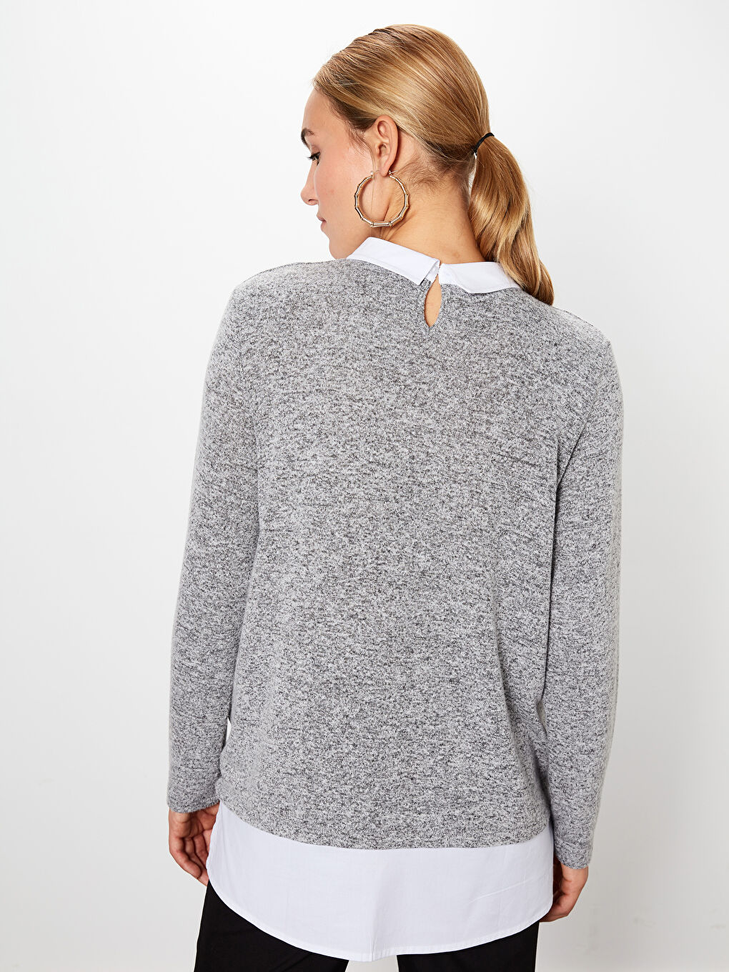 Gri Gömlek Yaka Uzun Kollu Hamile Tişört-3