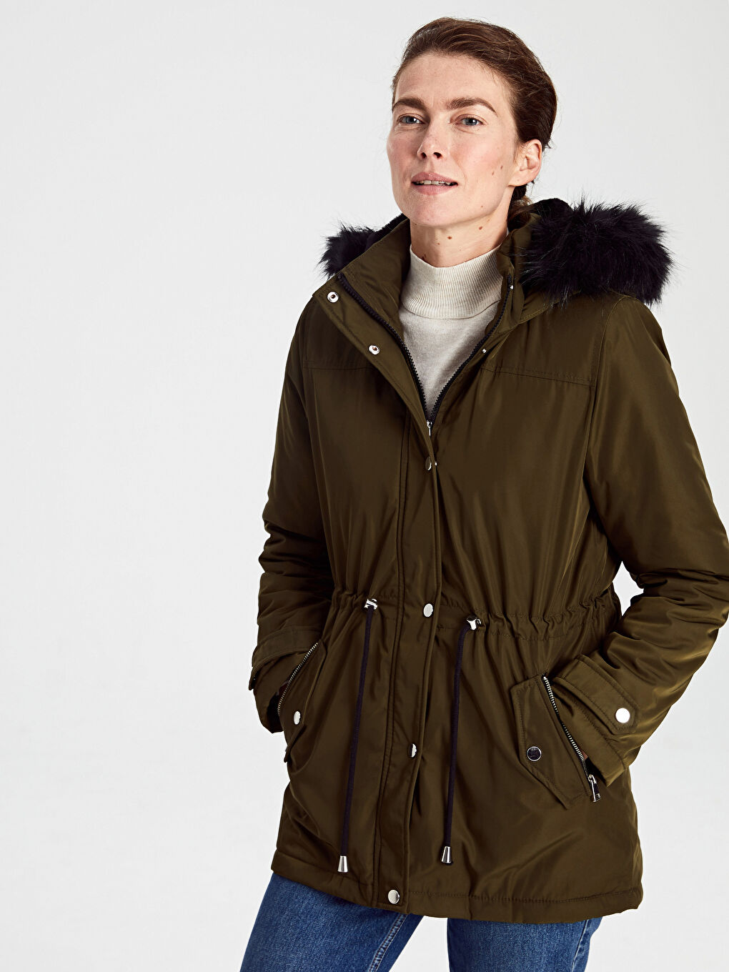 Γυναίκα ΧΑΚΙ Παλτό από συνθετικό δέρμα-1