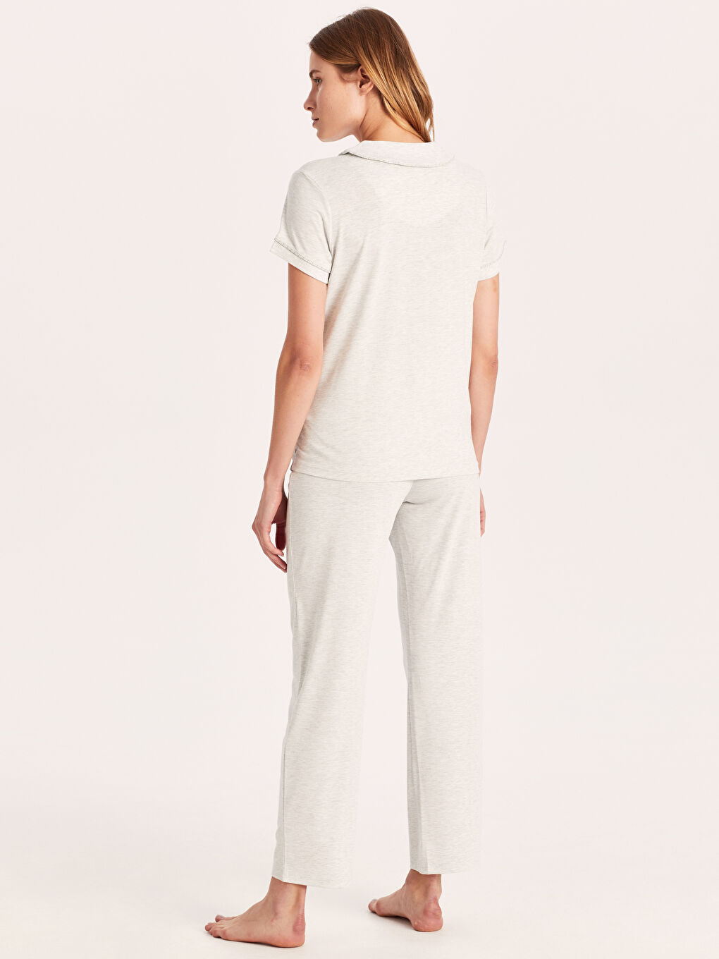 Gri Gömlek Yaka Kısa Kollu Kadın Pijama Takım-2
