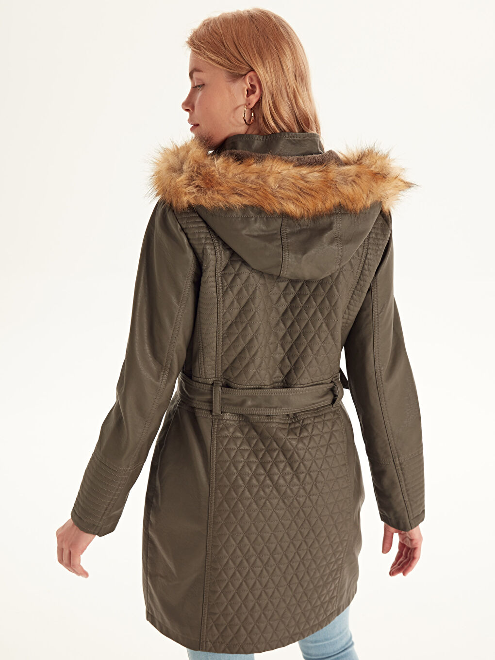 Haki Kapüşonlu Uzun Kollu Kadın Deri Görünümlü Mont-3