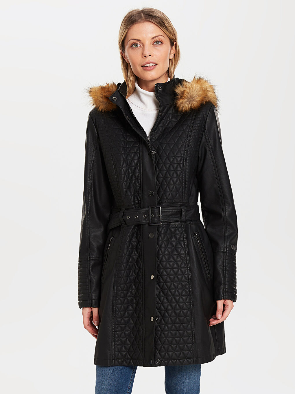 Manteau en simili cuir pour Femmes avec capuche et manches longues