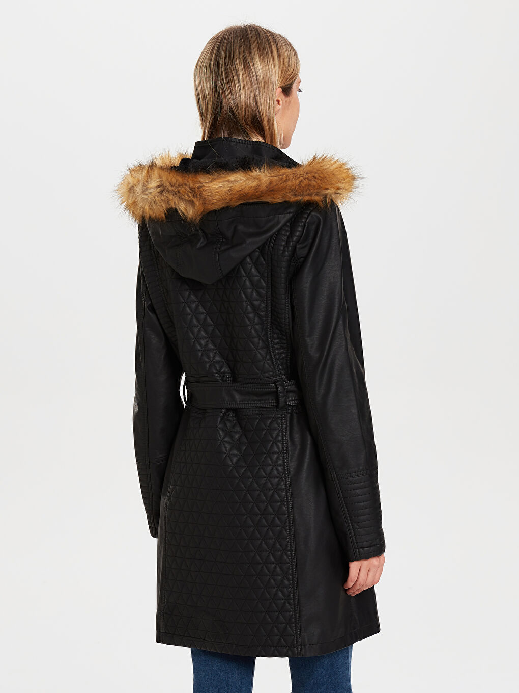 Manteau en simili cuir pour Femmes avec capuche et manches longues-4