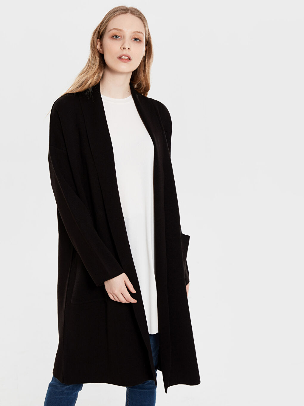 Siyah Şal Yaka Düz Uzun Kollu Kadın Hırka-2