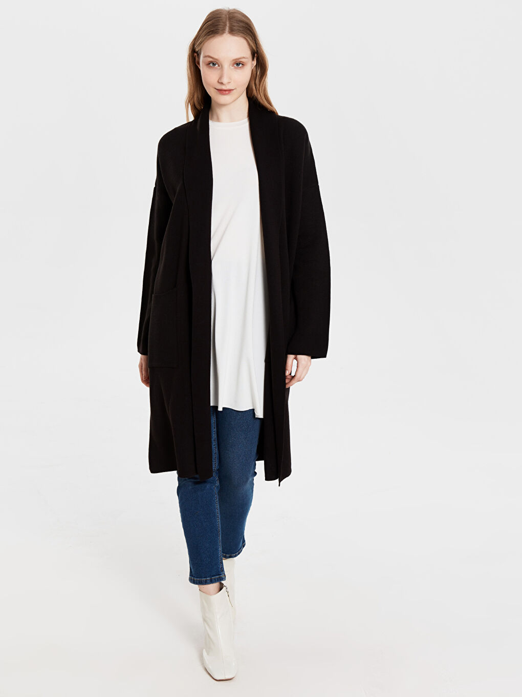 Siyah Şal Yaka Düz Uzun Kollu Kadın Hırka-3