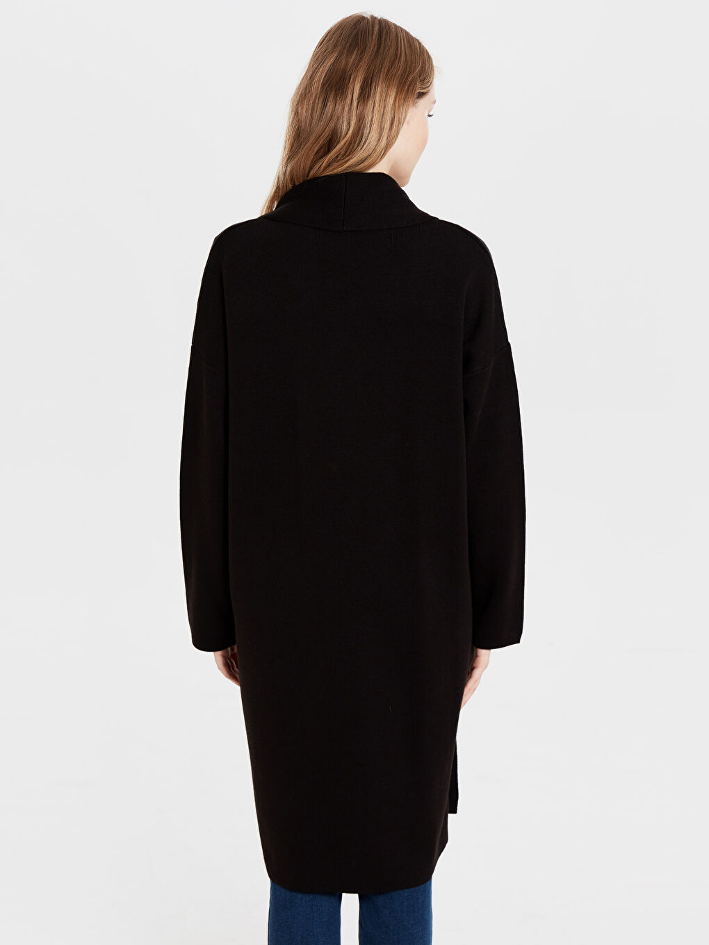 Siyah Şal Yaka Düz Uzun Kollu Kadın Hırka-4