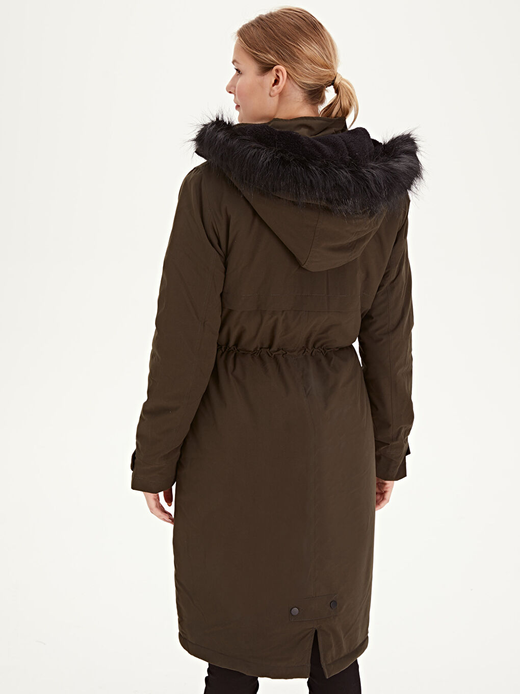 Haki Kapüşonlu Uzun Kollu Kadın Parka-3