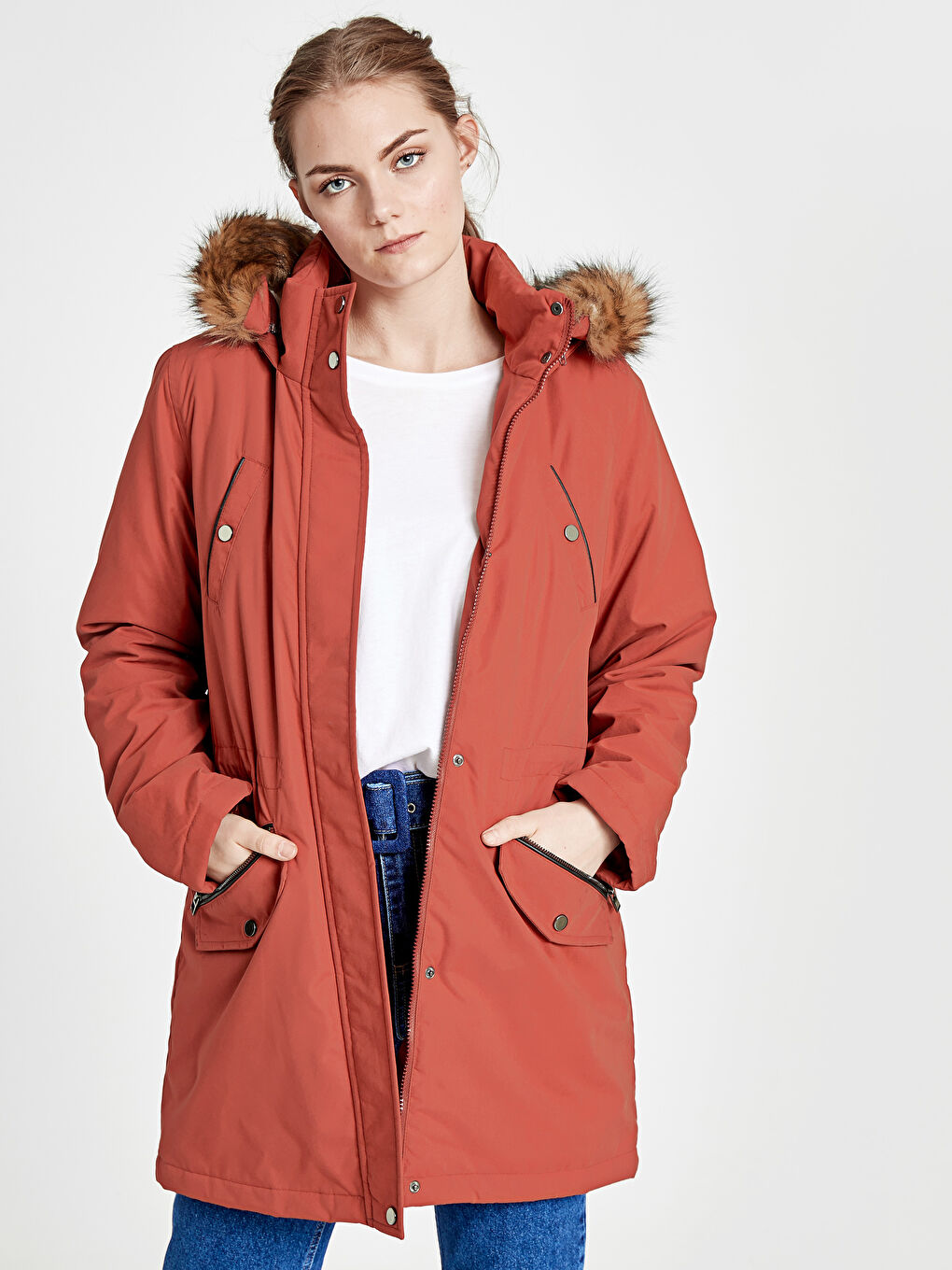 Turuncu Kapüşonlu Kalın Parka-1