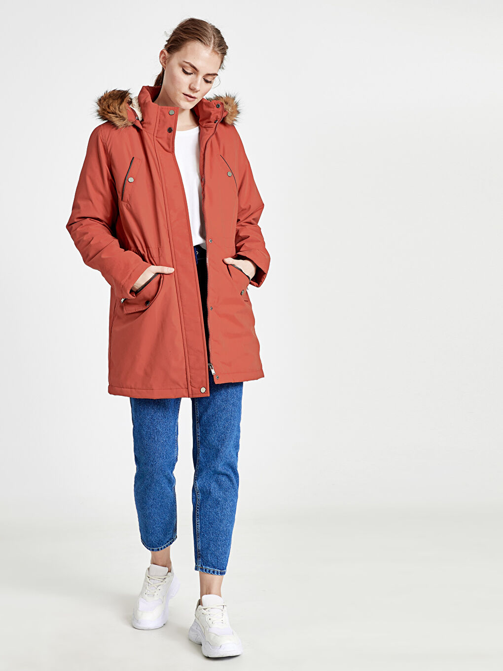 Turuncu Kapüşonlu Kalın Parka-3