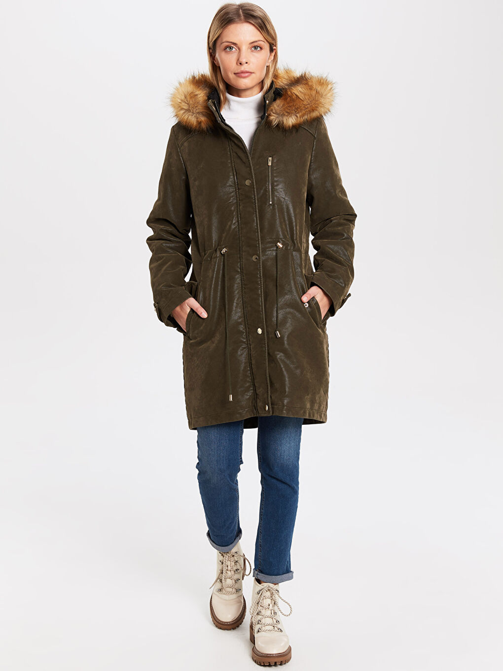 Frau KHAKI Mantel aus Kunstleder