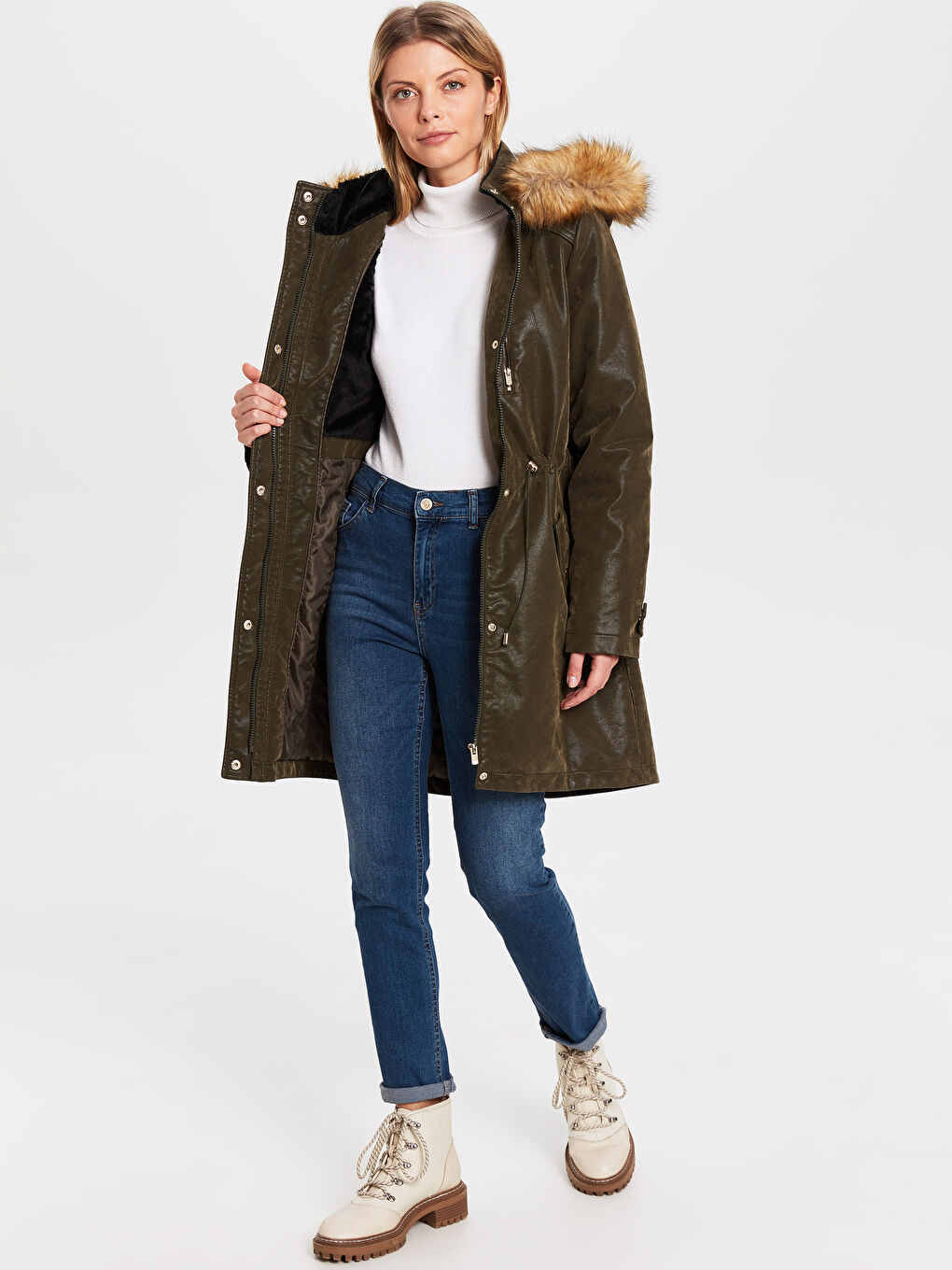 Frau KHAKI Mantel aus Kunstleder-2