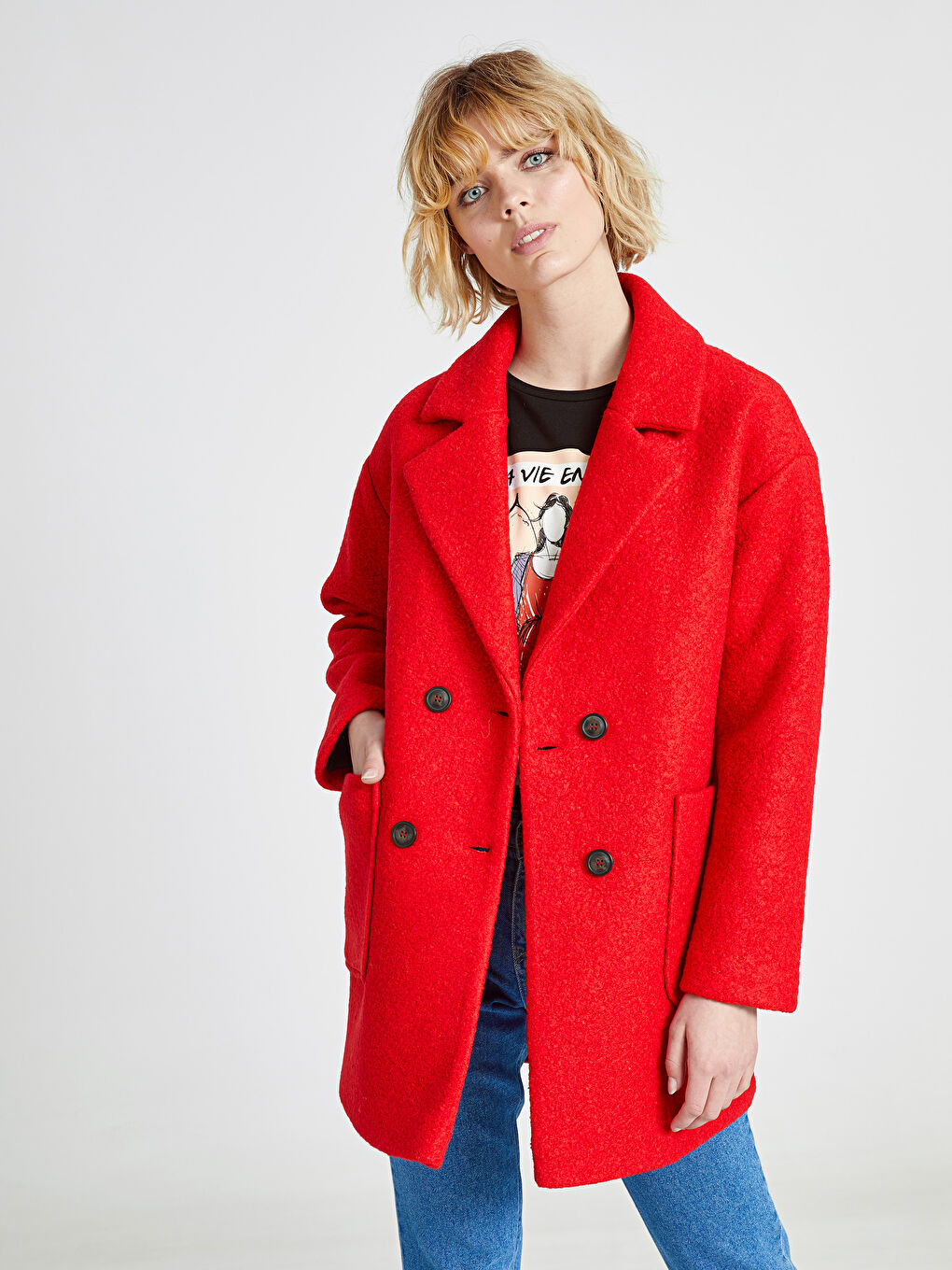 LCW Vision Woman RED Wool Blended Overcoat -9W5515Z8-CYU