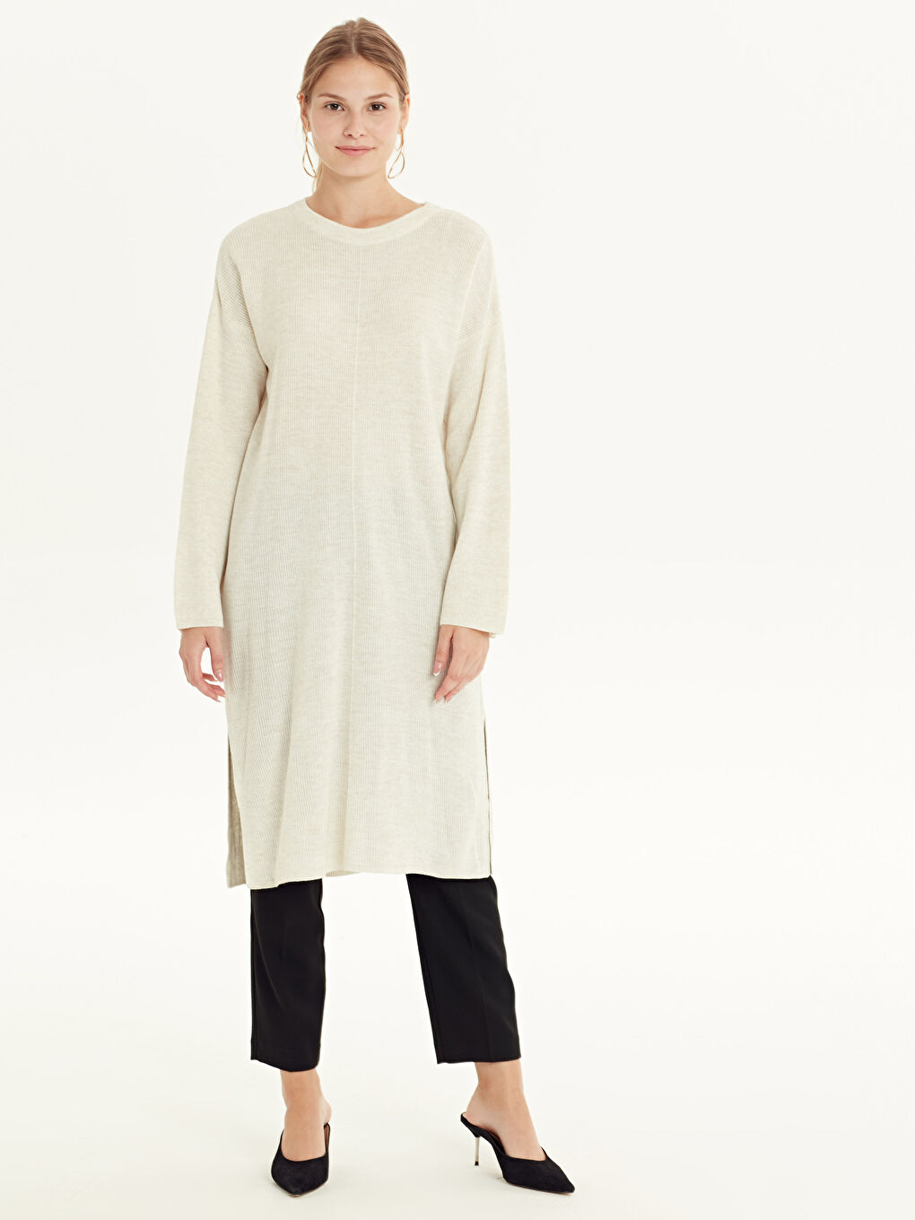 Ekru Kadın Bisiklet Yaka Düz Triko Tunik-1