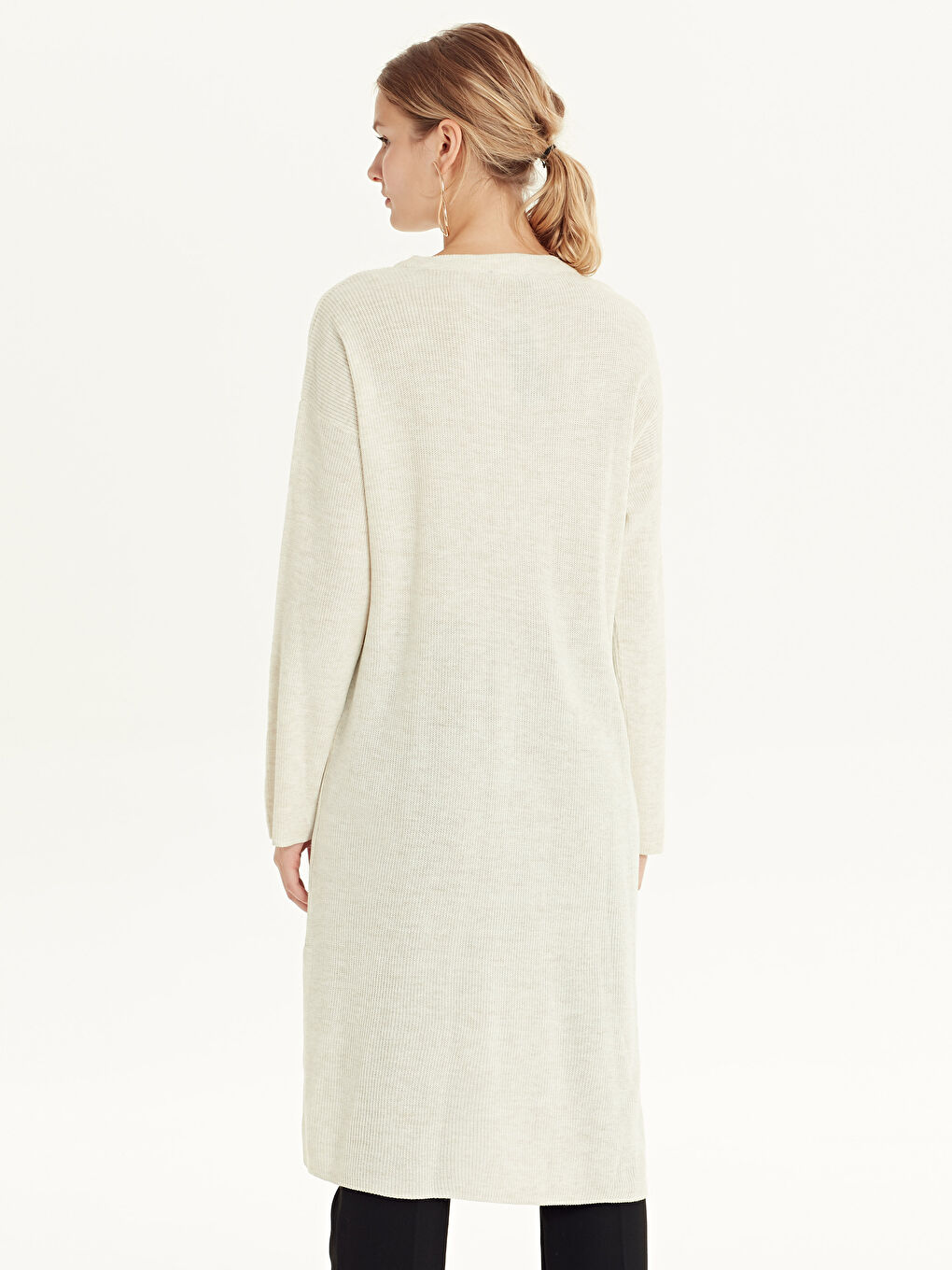 Ekru Kadın Bisiklet Yaka Düz Triko Tunik-2