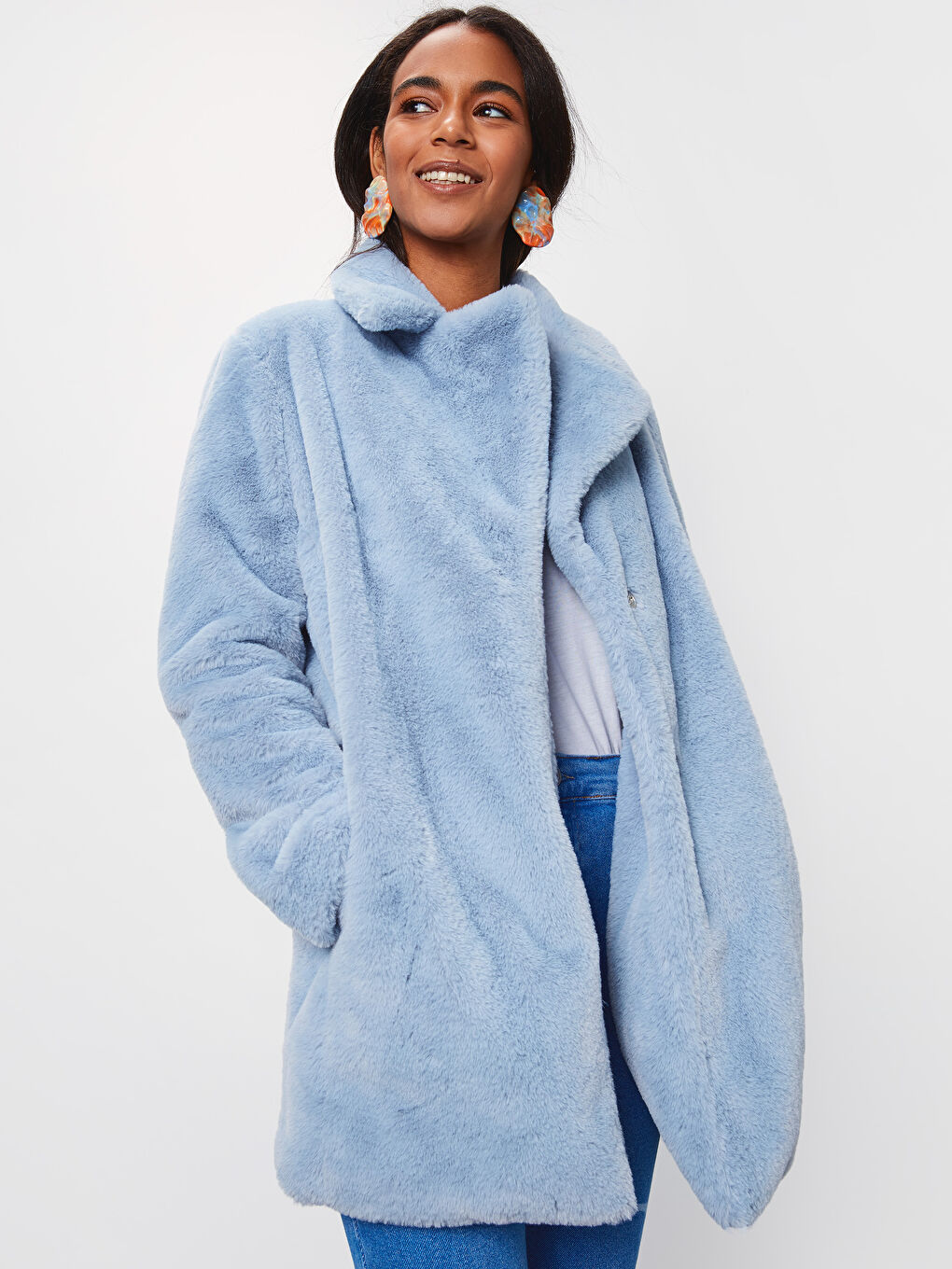 معطف من الصوف المخلوط أزرق فاتح نساء-1