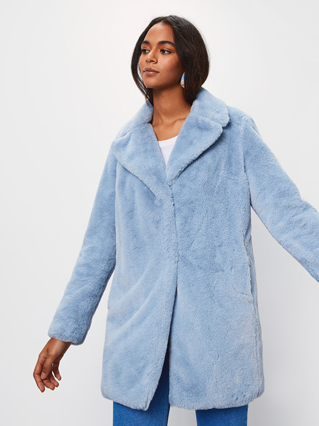 معطف من الصوف المخلوط أزرق فاتح نساء-3