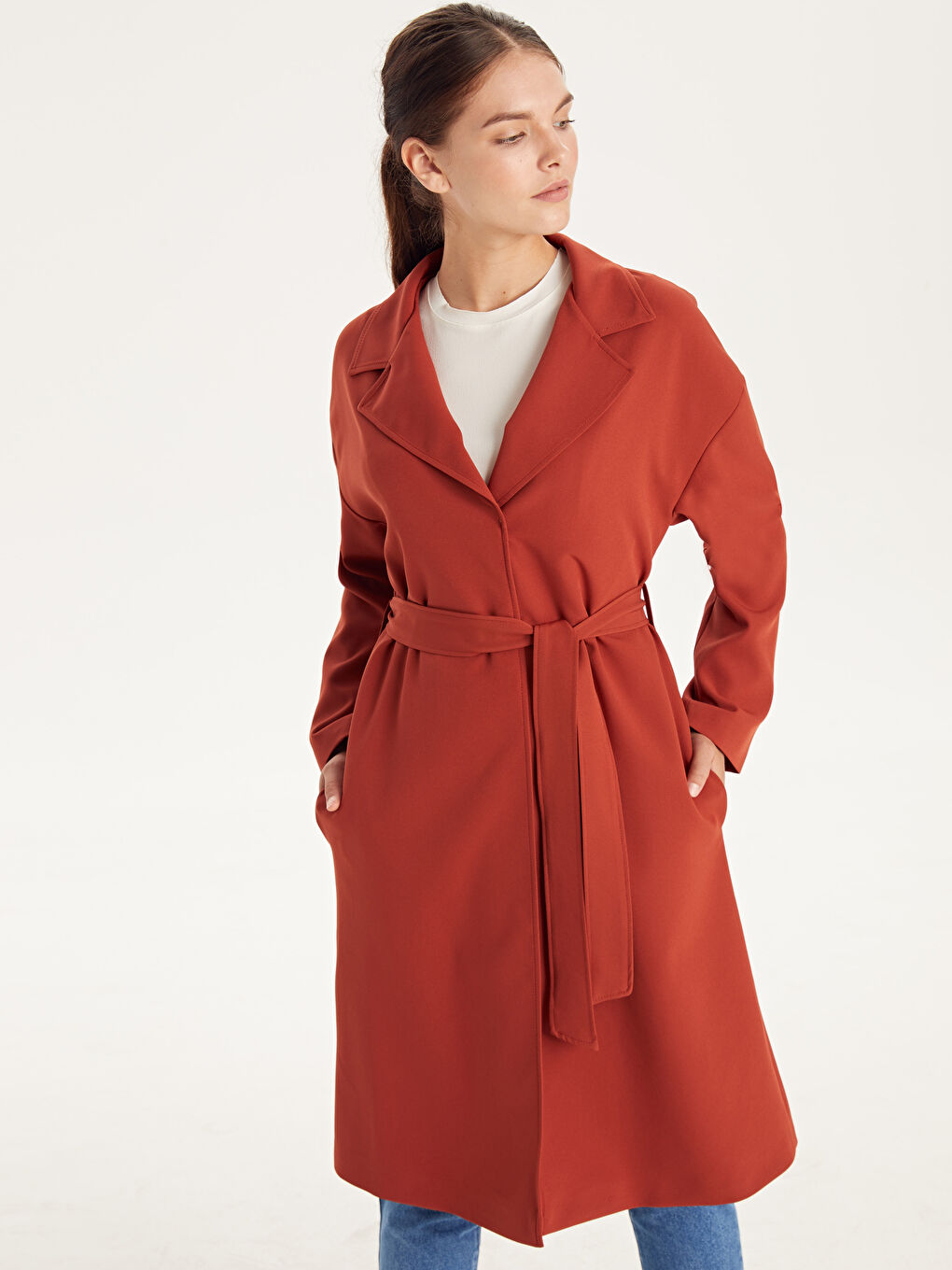 Turuncu Kapüşonlu Uzun Kollu Oversize Kadın Trençkot-1