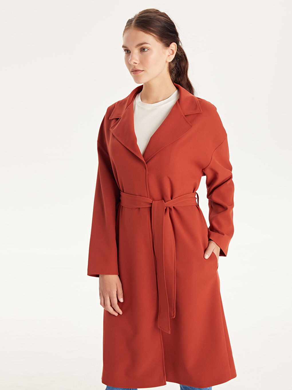 Turuncu Kapüşonlu Uzun Kollu Oversize Kadın Trençkot-2