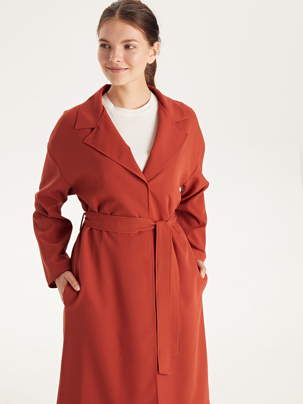 Turuncu Kapüşonlu Uzun Kollu Oversize Kadın Trençkot-4