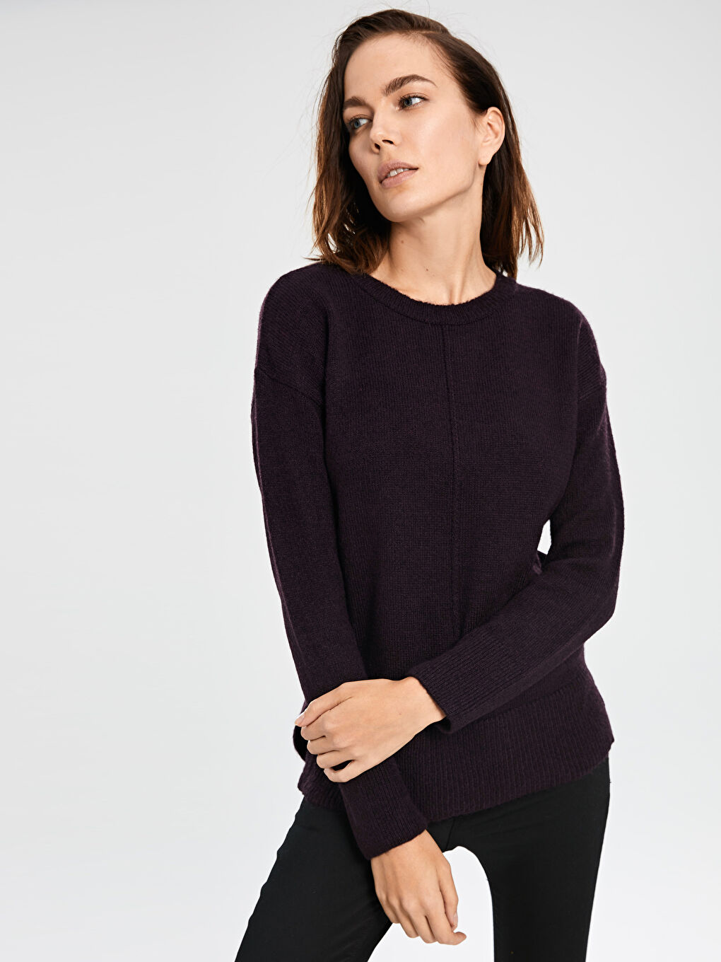 Mor Bisiklet Yaka Düz Uzun Kollu Kadın Triko  Kazak