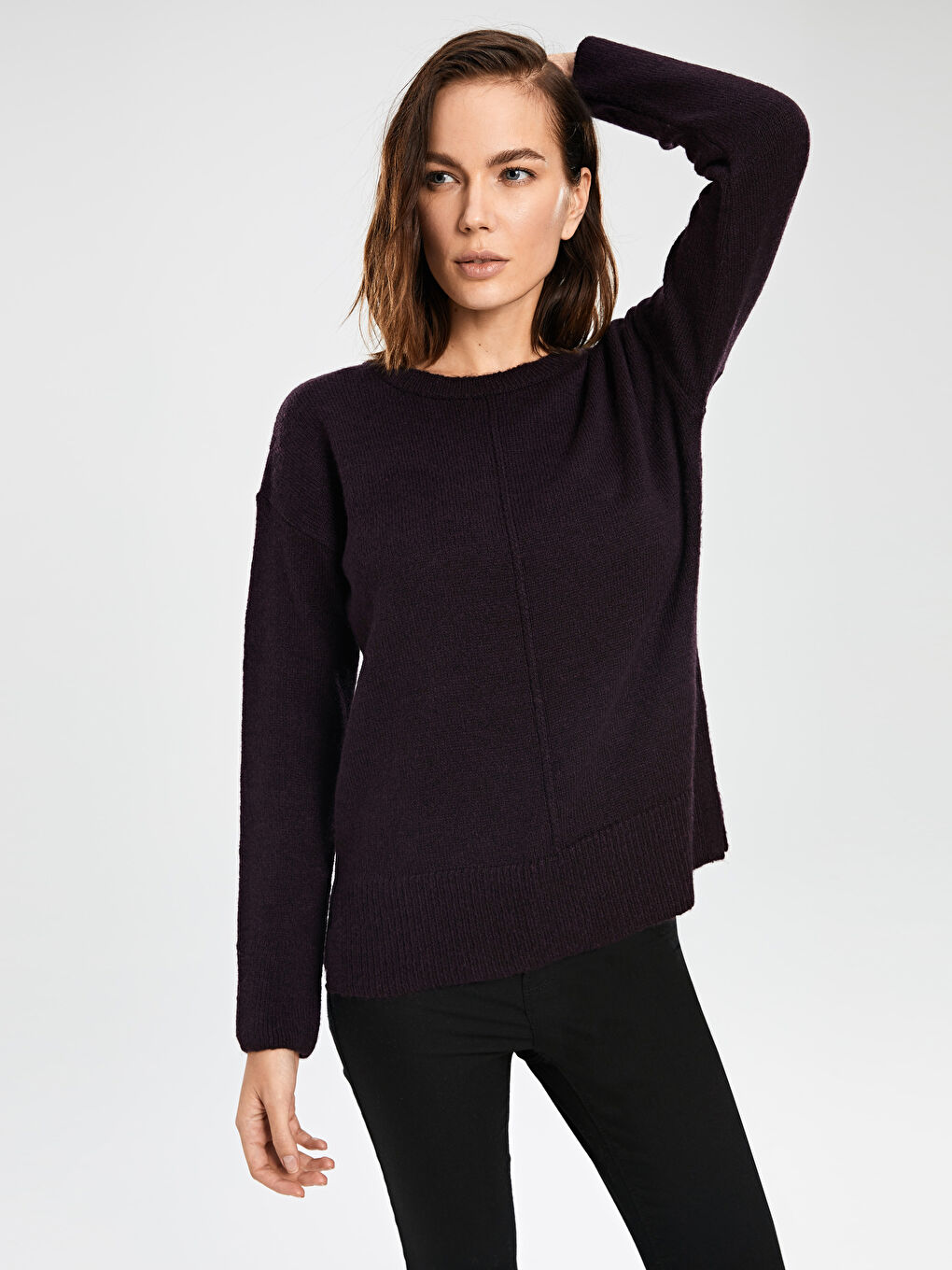 Mor Bisiklet Yaka Düz Uzun Kollu Kadın Triko  Kazak-1