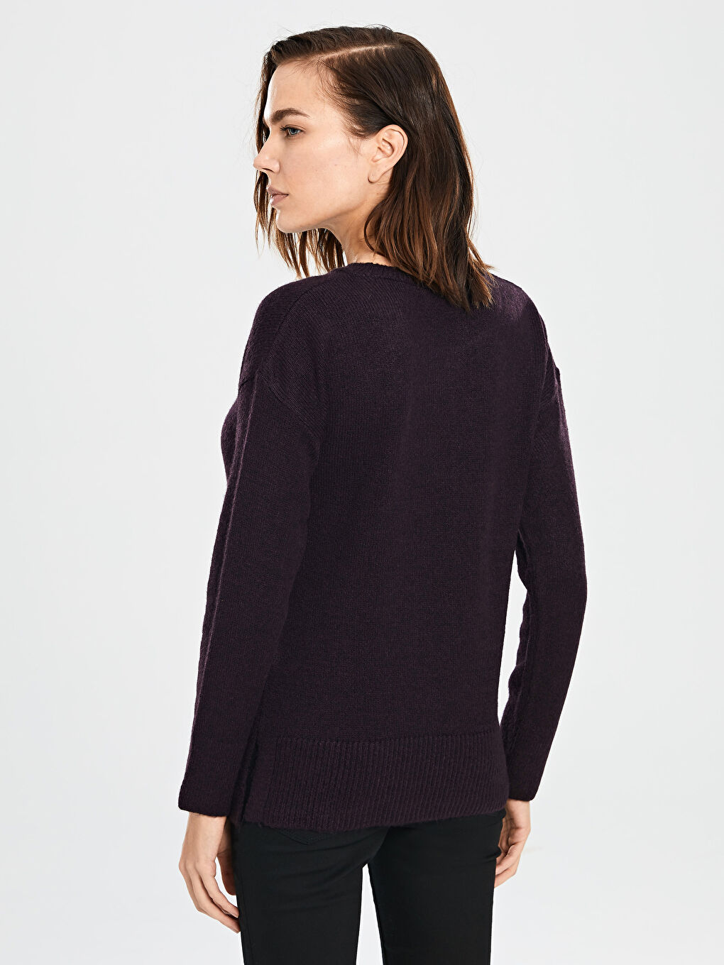 Mor Bisiklet Yaka Düz Uzun Kollu Kadın Triko  Kazak-3