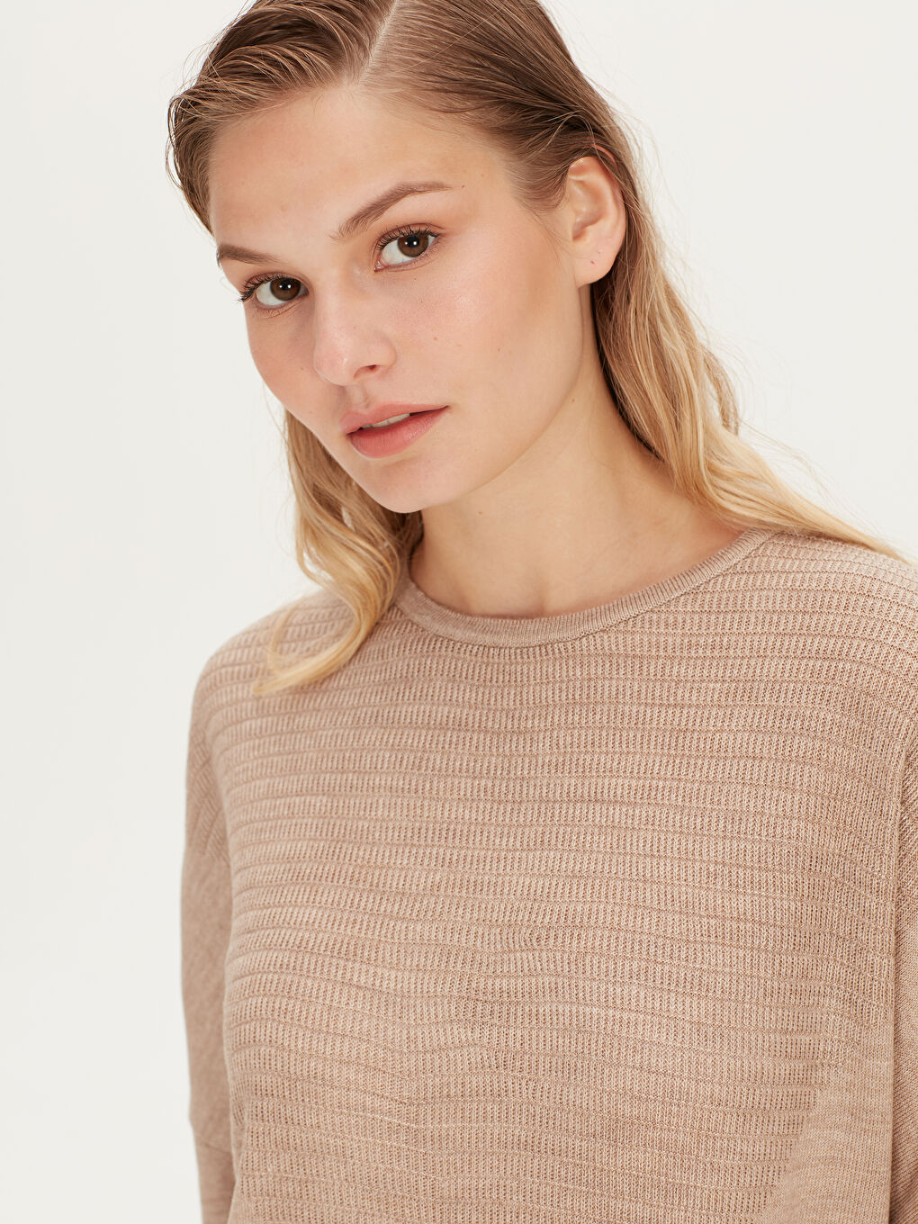 Bej Bisiklet Yaka Kadın Triko Tunik-3