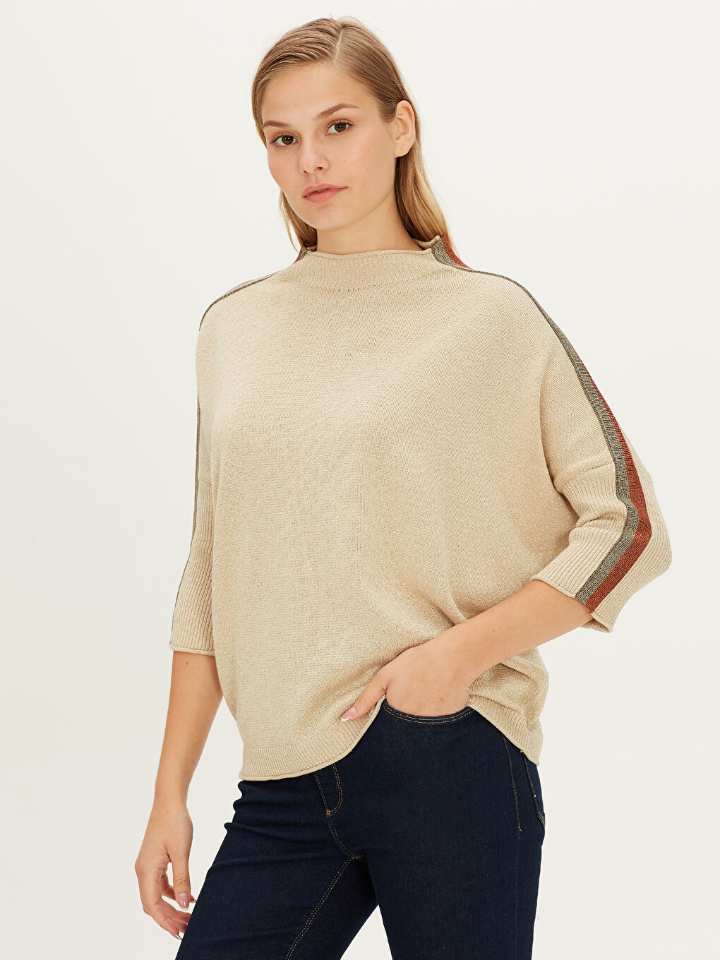 Bej Yarım Balıkçı Yaka Kadın Kazak