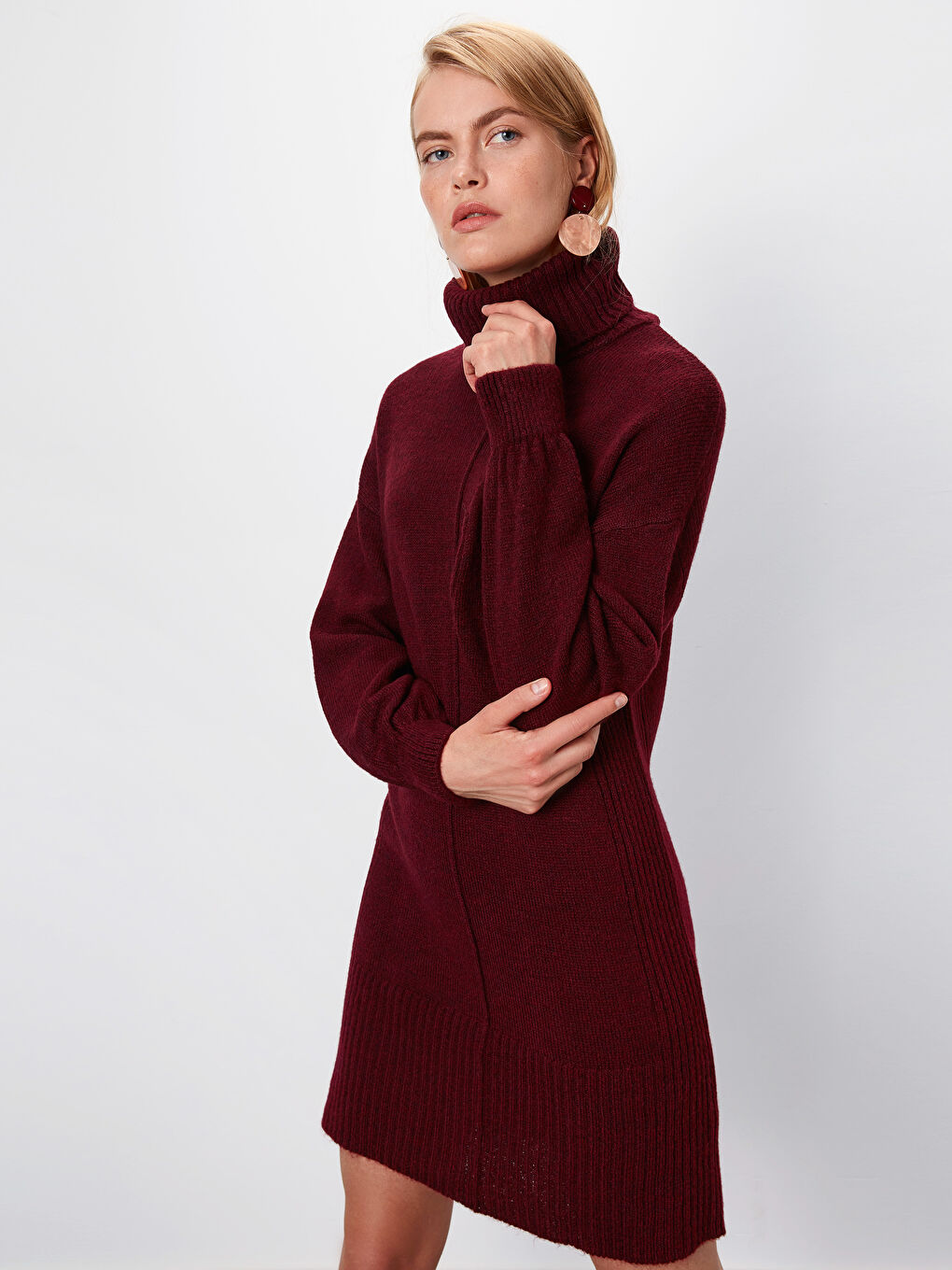 Bordo Balıkçı Yaka Uzun Kollu Kadın Elbise-1