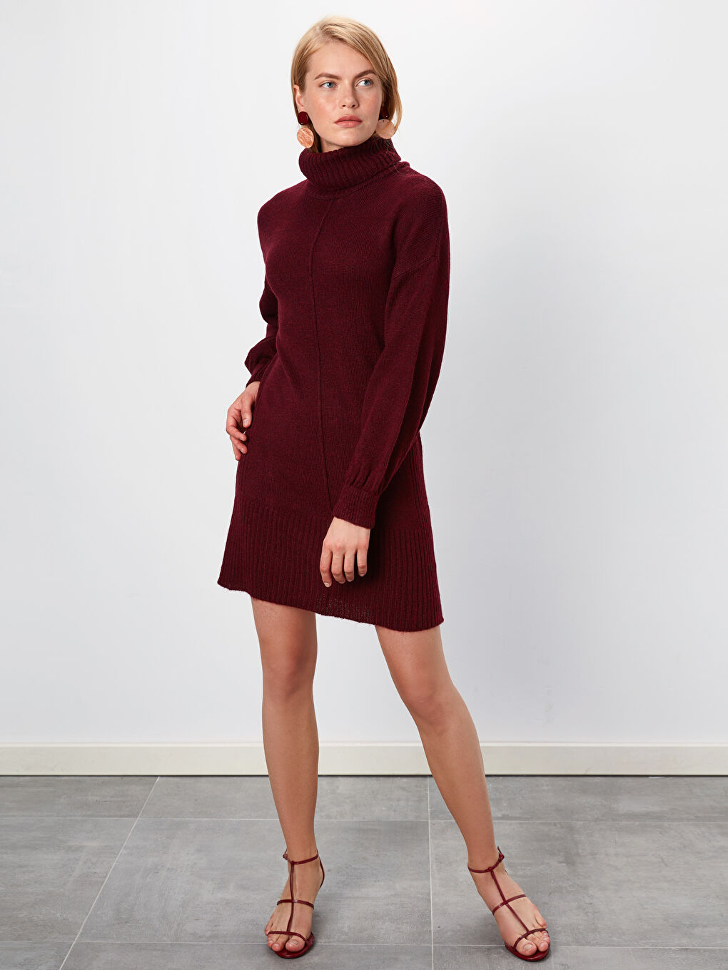 Bordo Balıkçı Yaka Uzun Kollu Kadın Elbise-2