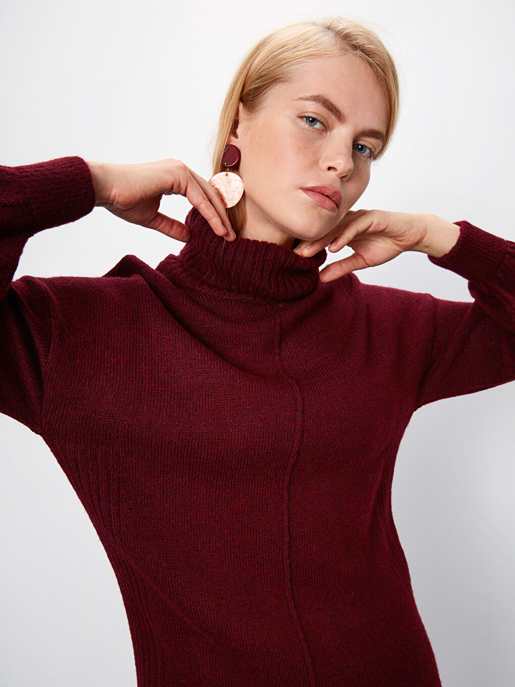 Bordo Balıkçı Yaka Uzun Kollu Kadın Elbise-3