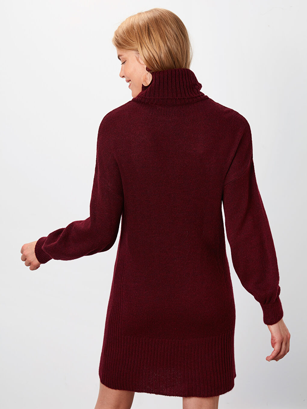 Bordo Balıkçı Yaka Uzun Kollu Kadın Elbise-4