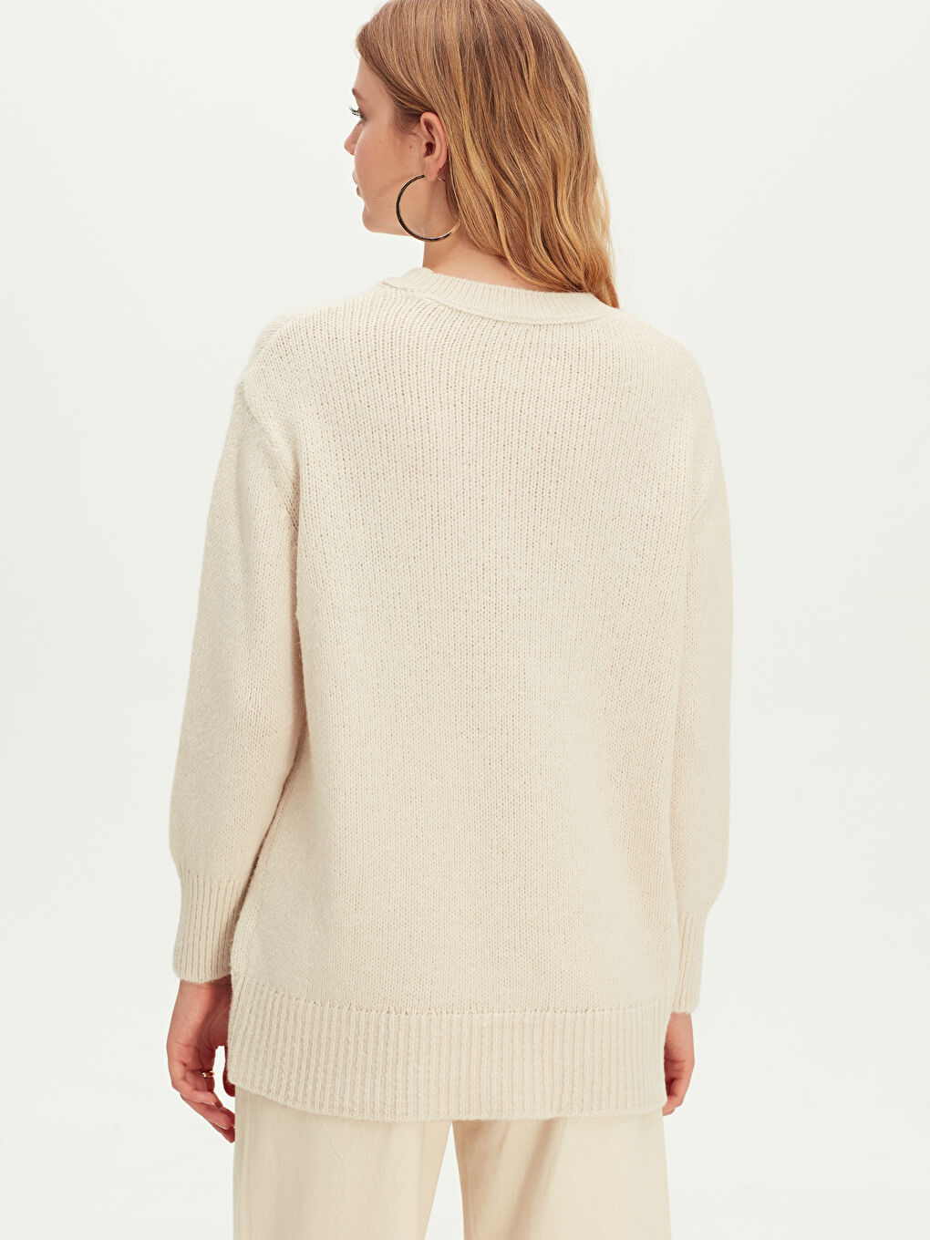 Ekru Bisiklet Yaka Uzun Kollu Kadın Düz Triko Kazak-2