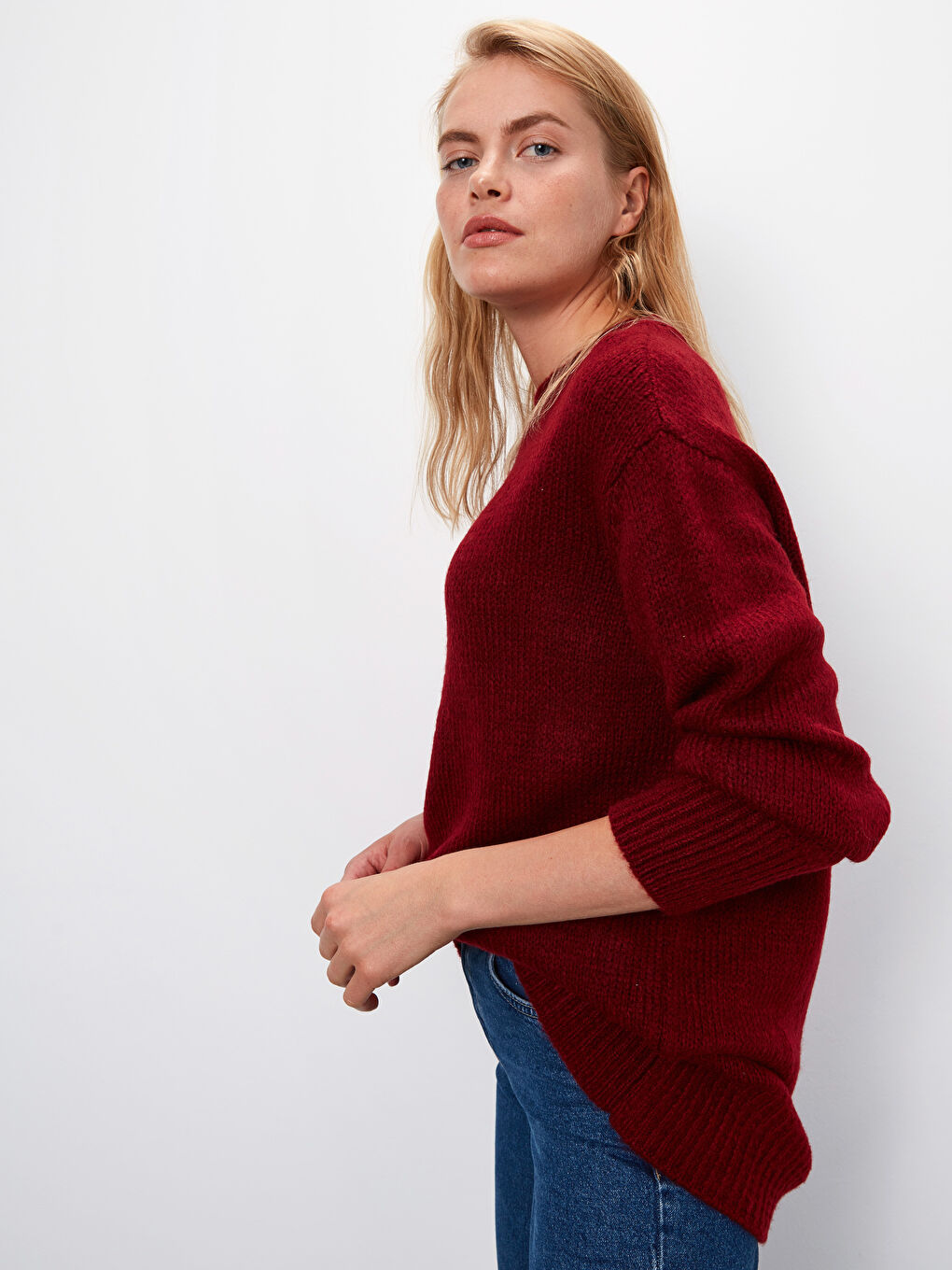 Bordo Bisiklet Yaka Uzun Kollu Kadın Düz Triko Kazak-1