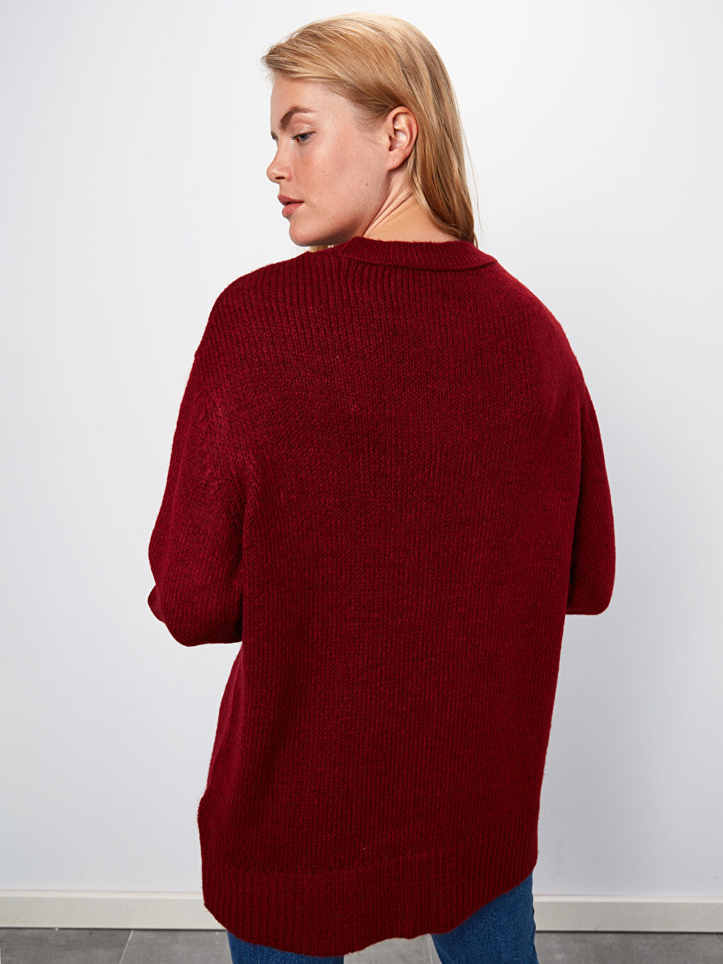 Bordo Bisiklet Yaka Uzun Kollu Kadın Düz Triko Kazak-2