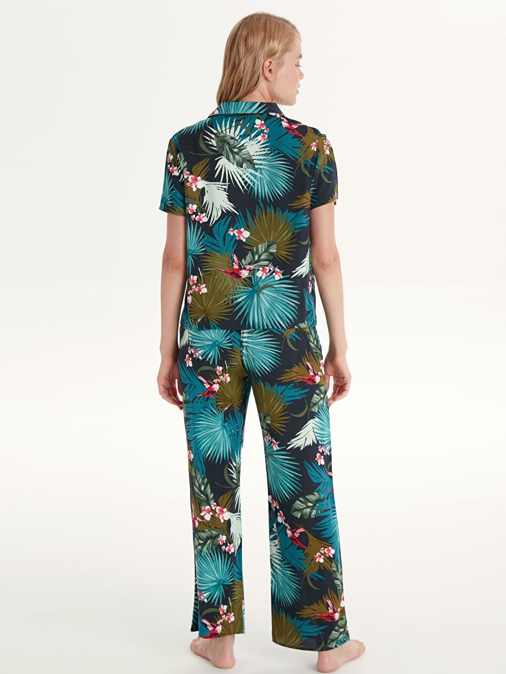 Lacivert Gömlek Yaka Kısa Kollu Kadın Gabardin Pijama Takım-3