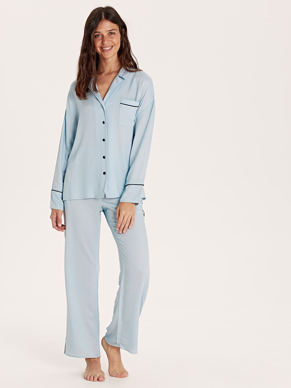 Mavi Gömlek Yaka Kadın Gabardin Pijama Takım-1