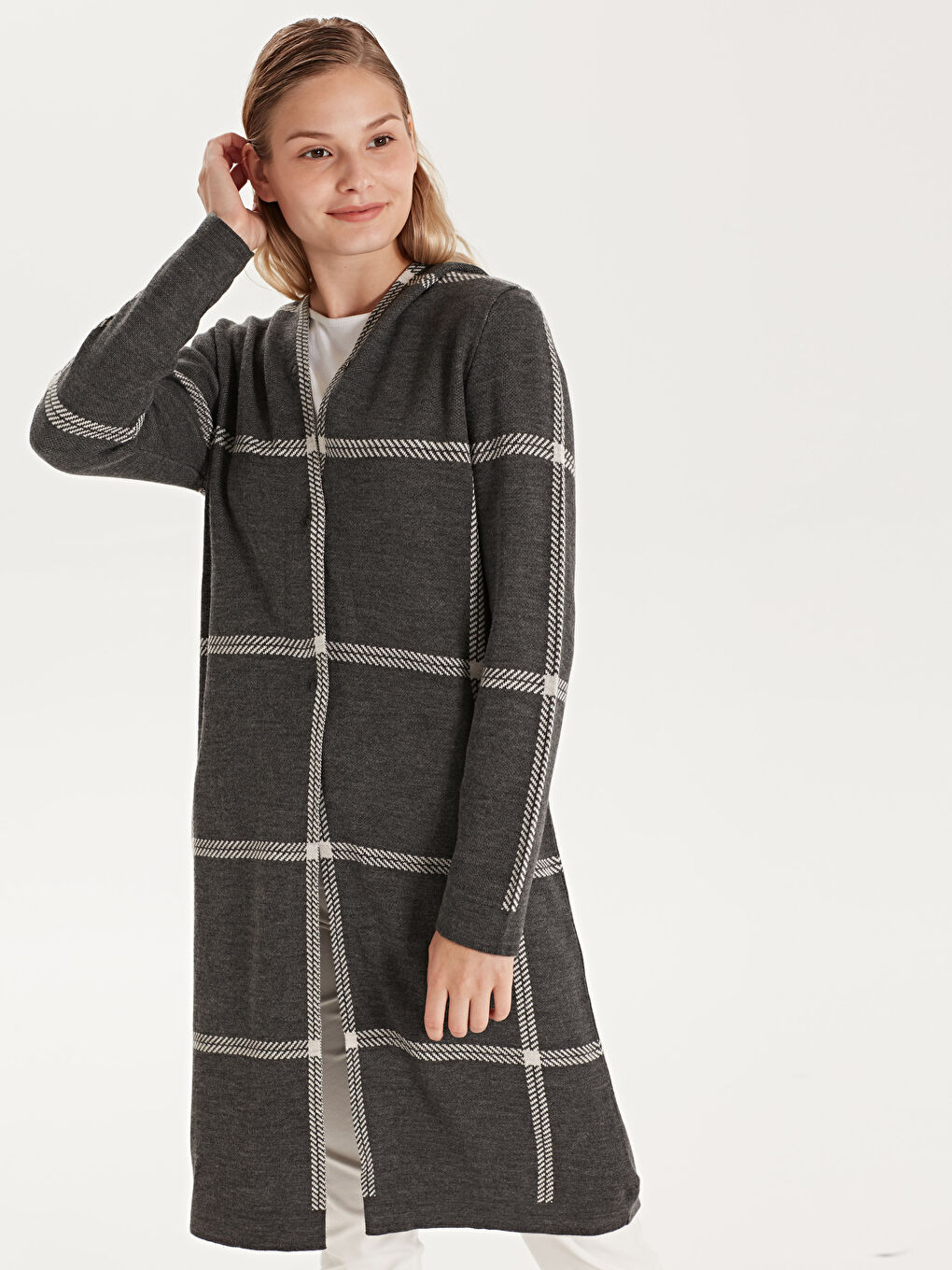 Gri Desenli Uzun Kollu Kadın Triko Hırka-2