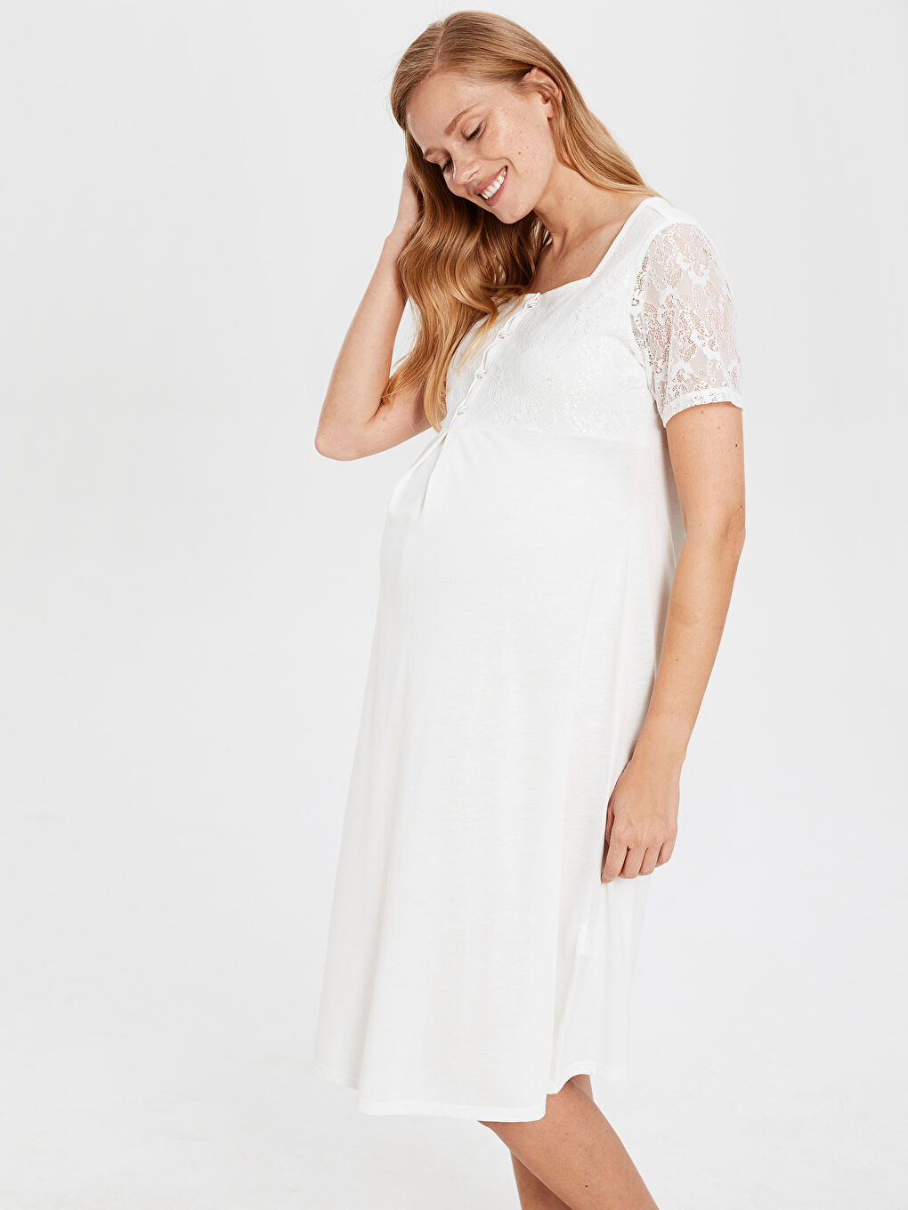 Ekru Kare Yaka Kısa Kollu Kadın Gecelik